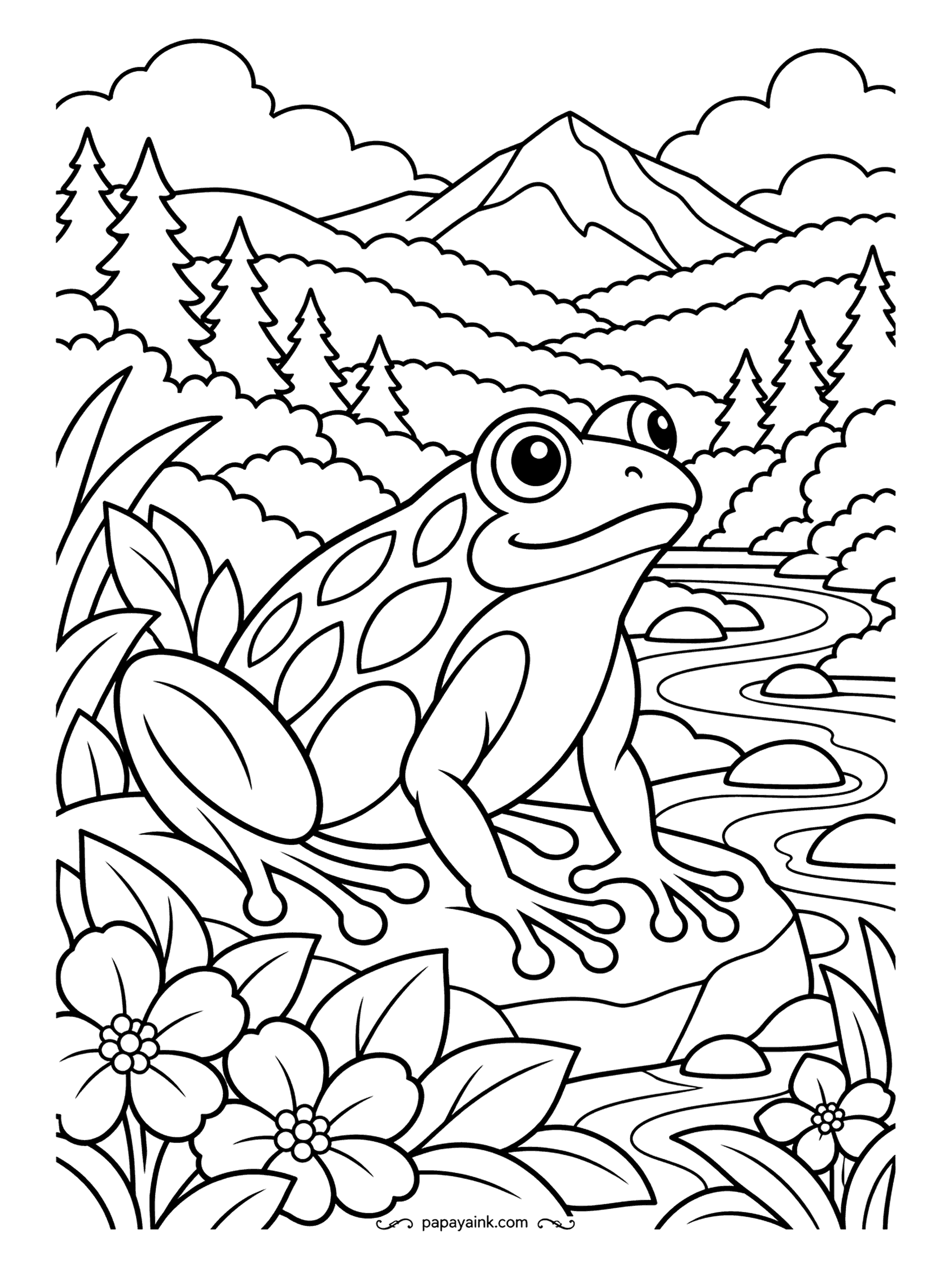Frog Coloring Pages - Layered papercut landscape - mountains, pine ridges and a winding river stacked in flat shapes behind a leaf-patterned frog. Shade each layer from pale in the distance to deep in front.