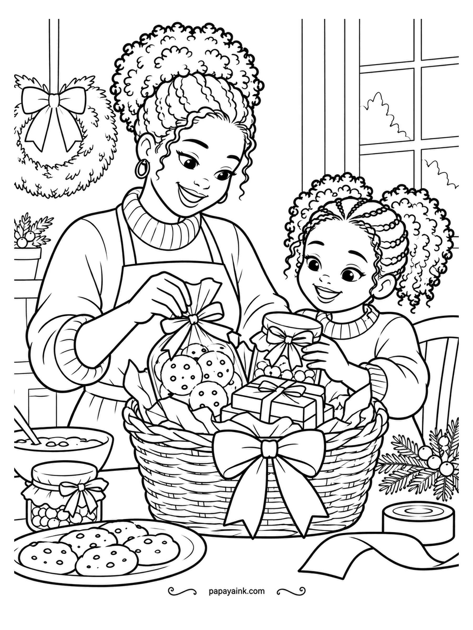 December Coloring Pages - Everything homemade goes into the gift basket - a bag of cookies, a jar of jam, a small wrapped box - nested in tissue paper under a big bow. The plate beside it is quality control. Browns for the basket, bright for the ribbon.