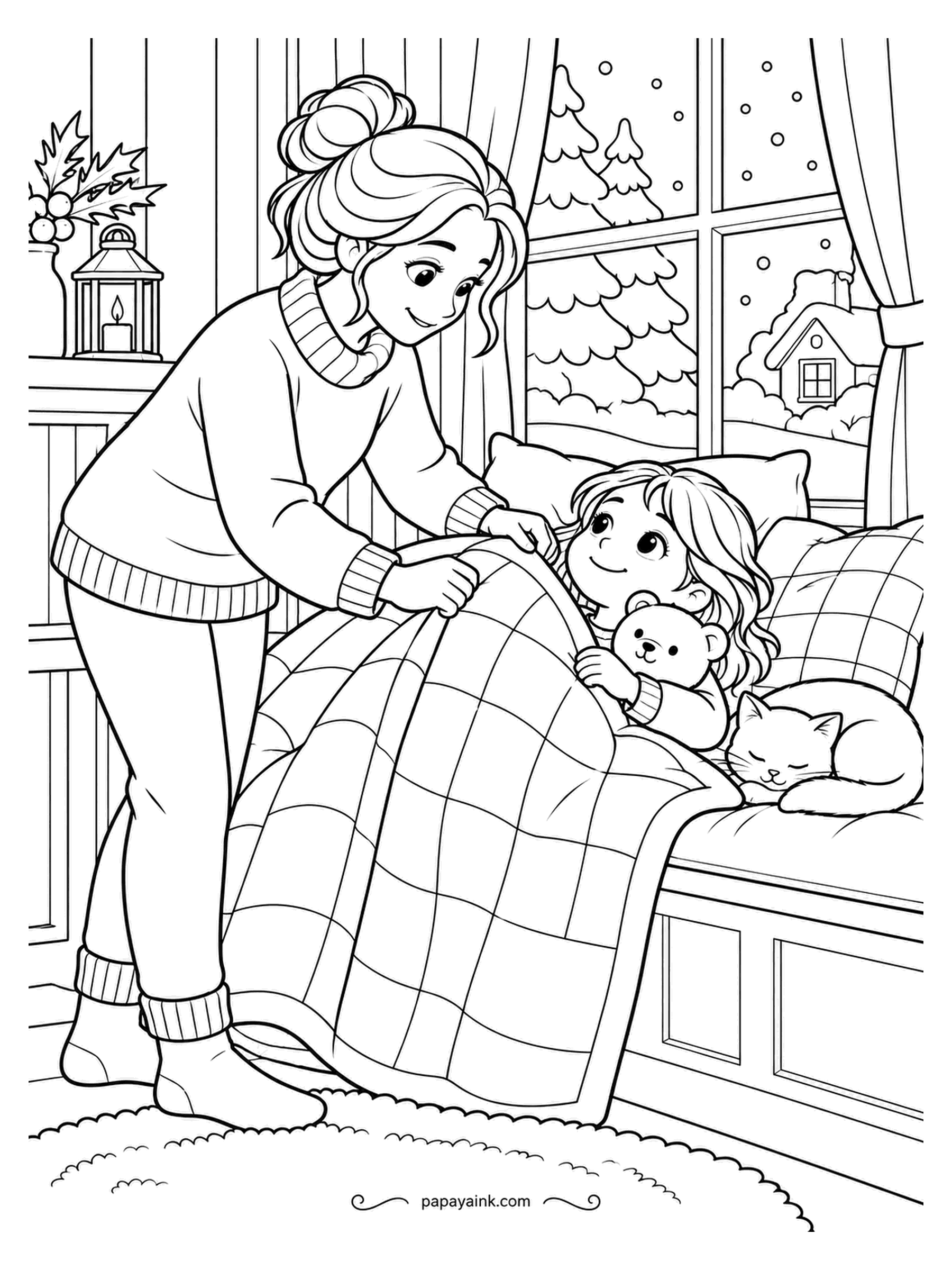 December Coloring Pages - Tucked into the window seat with a teddy bear and a cat for company, while snow comes down outside and someone smooths the last corner of the quilt. The patchwork squares are the whole page - plan the colors before you begin.