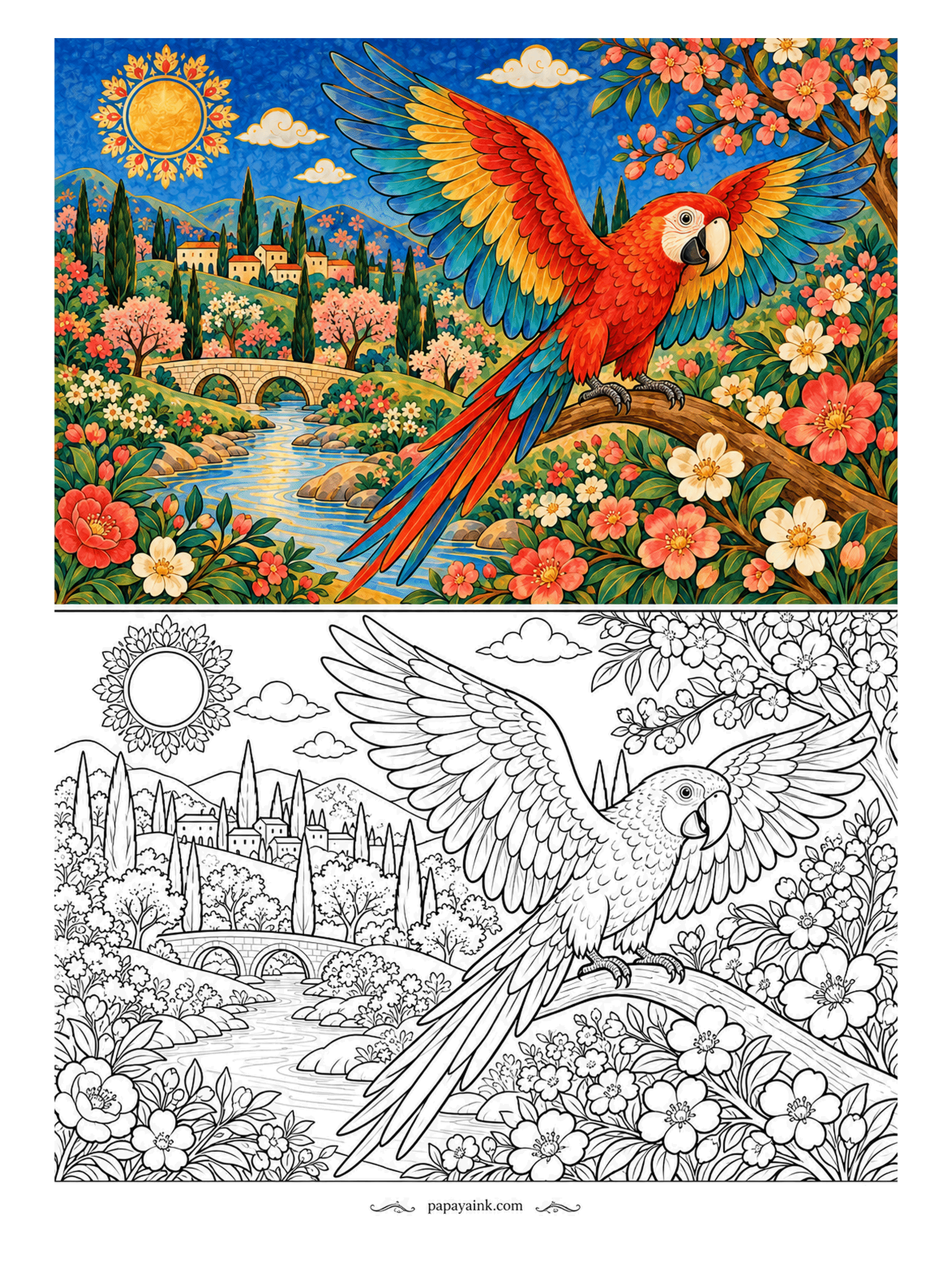 Parrot Coloring Pages - Wings open wide, a scarlet macaw lands on the flowering branch above the brook, red, yellow and blue feathers against pink petals. The valley holds still for the arrival. Use the sample for the wing bands - the order matters.