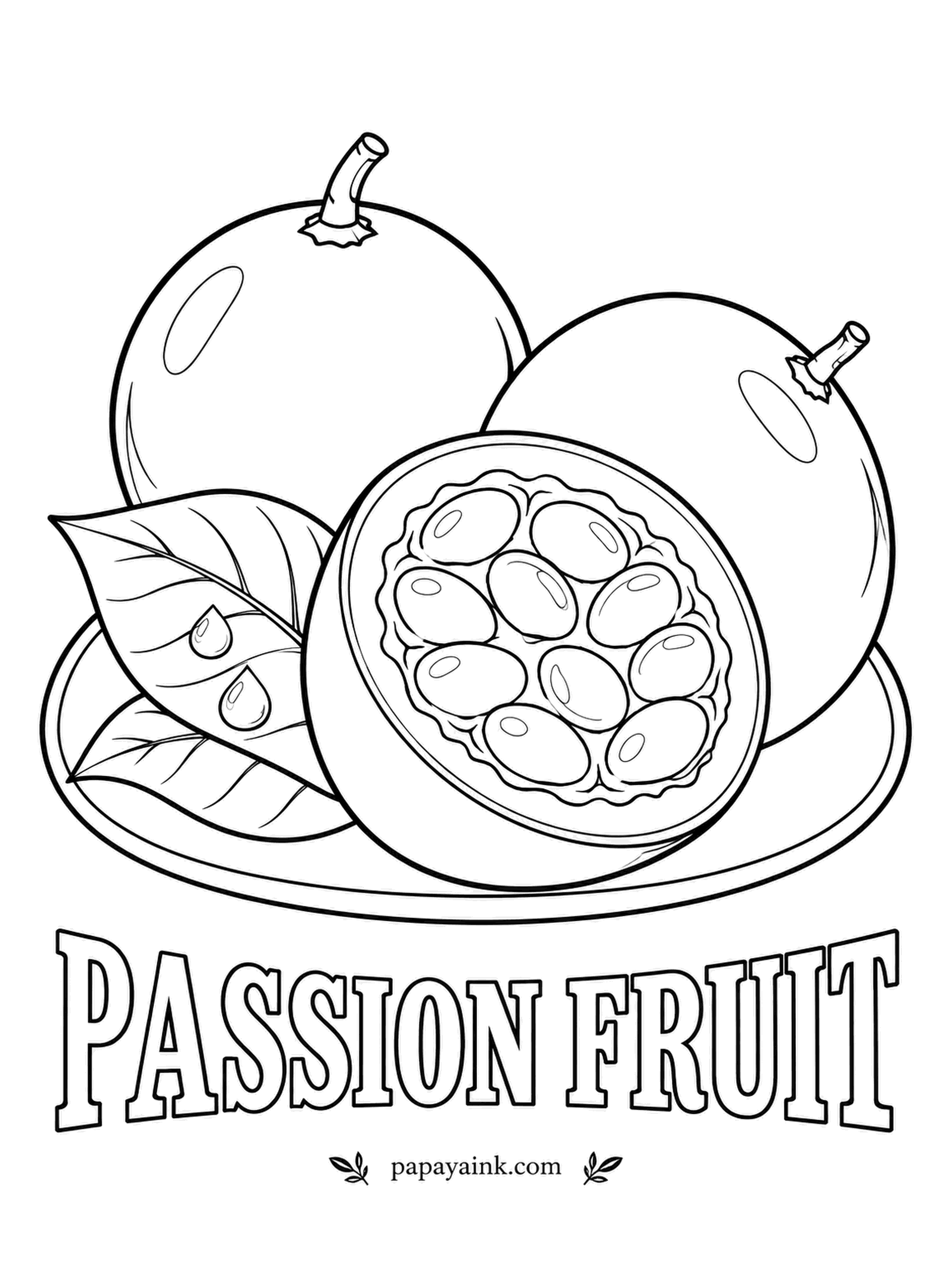Printable Fruit Coloring Pages - Passion fruit with one cut open to the jelly-covered seeds. The shell is dark purple and gets wrinkly when ripe, the inside is yellow-orange pulp around black seeds - yes, it really does look like that.