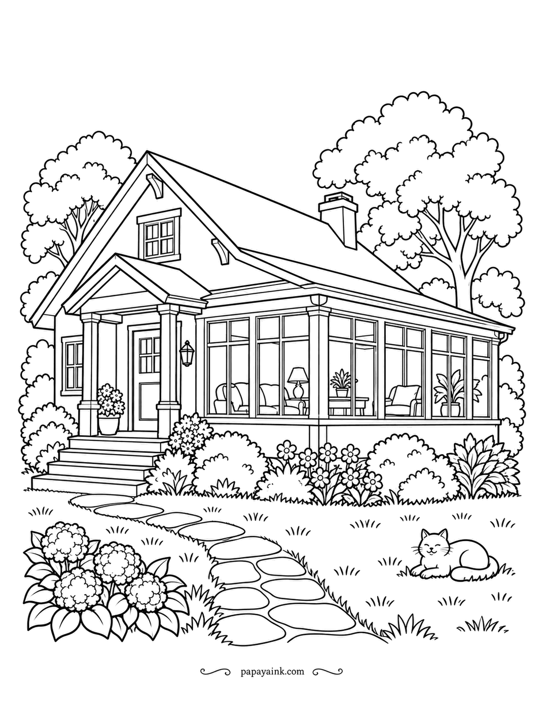 House Coloring Pages - A bungalow with a long glass sunroom along the side, built to catch the light, a columned porch, hydrangeas by the walkway and a cat on the lawn. Sun-faded yellow suits the walls here.