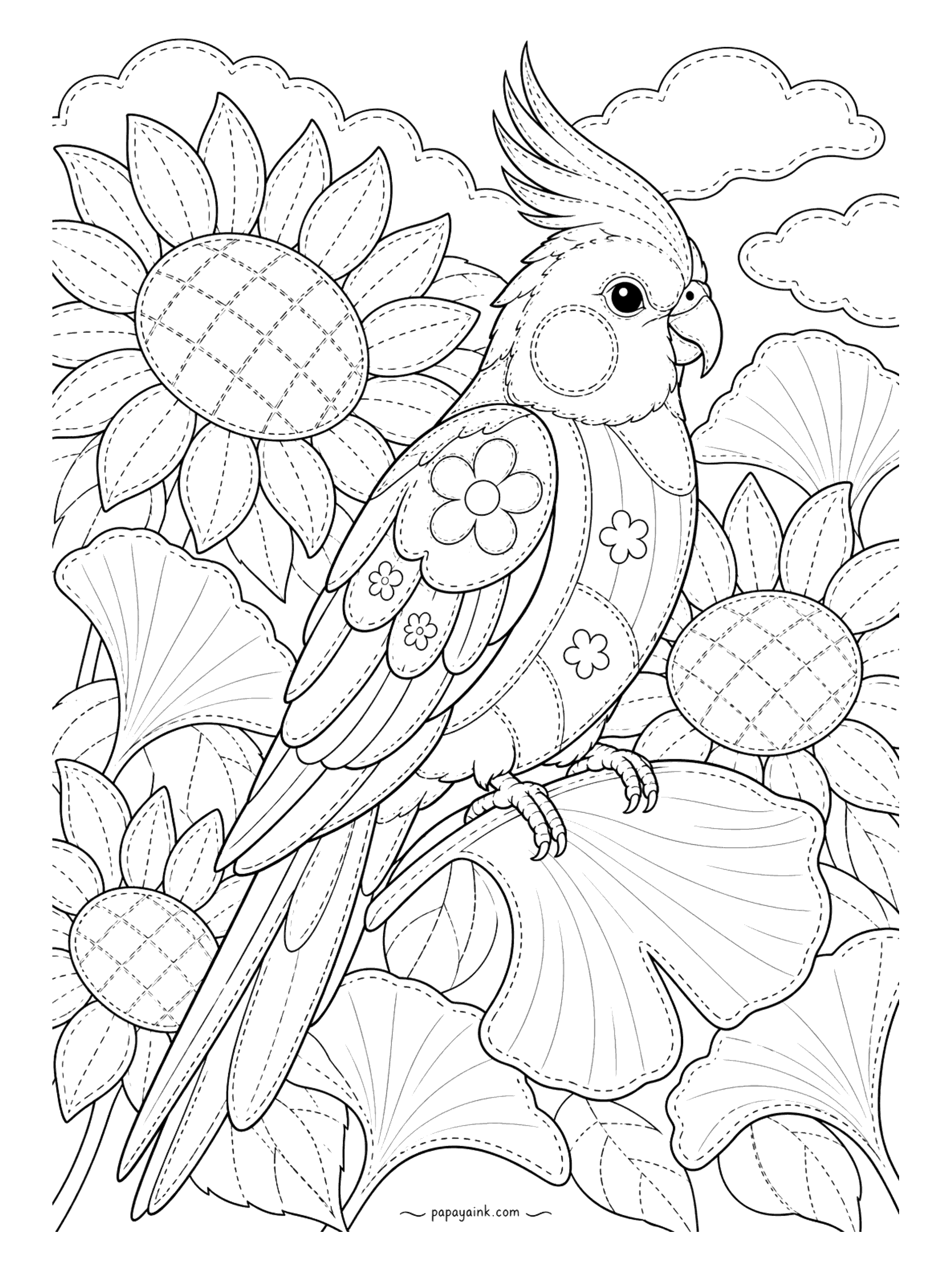 Parrot Coloring Pages - Stitched from fabric scraps, dashed seams and all, this cockatiel sits in a garden of sunflowers and ginkgo leaves. Treat every patch as a different print: dots here, checks there, one left plain.