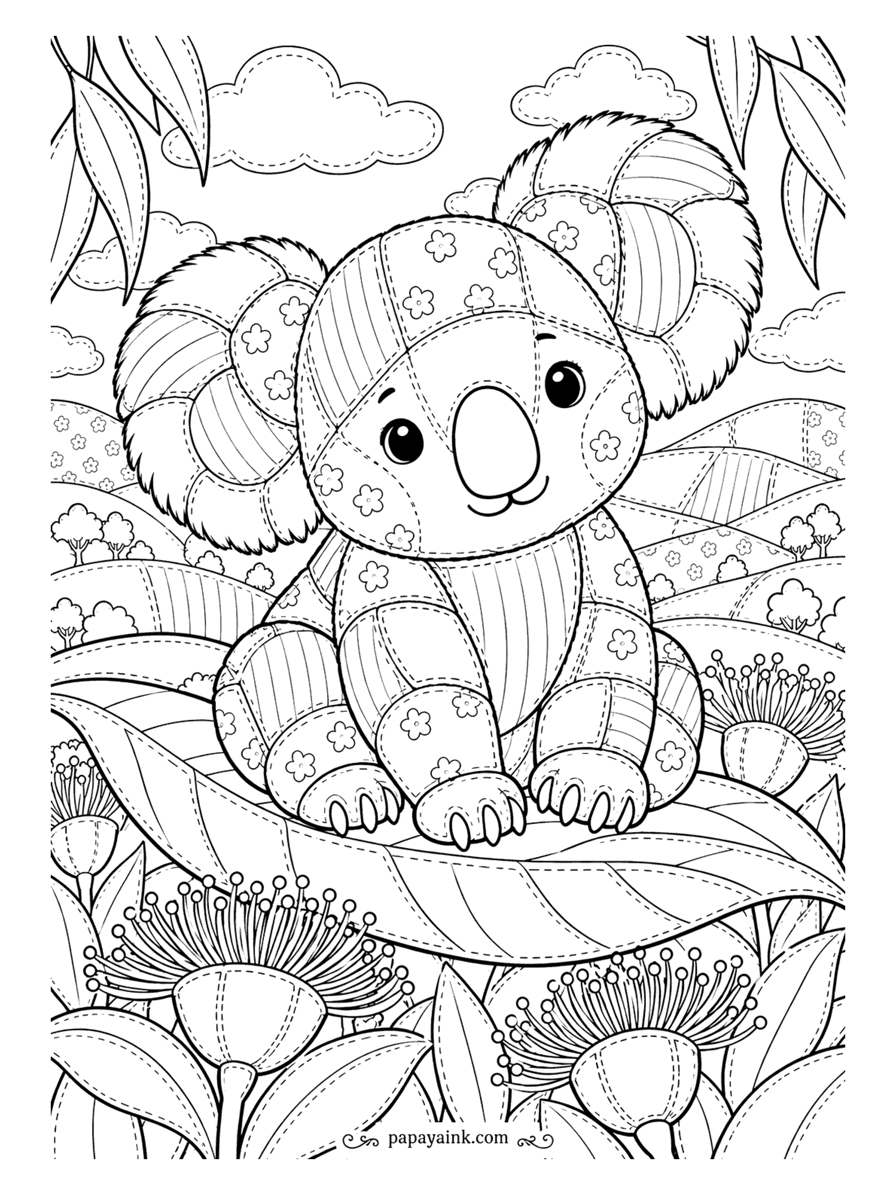 Koala Coloring Pages - Quilt squares, stars, dots and stripes are stitched together into a koala sitting on a striped branch, a cluster of blossoms at its feet. Pick four or five fabric colors and repeat them across the patches.