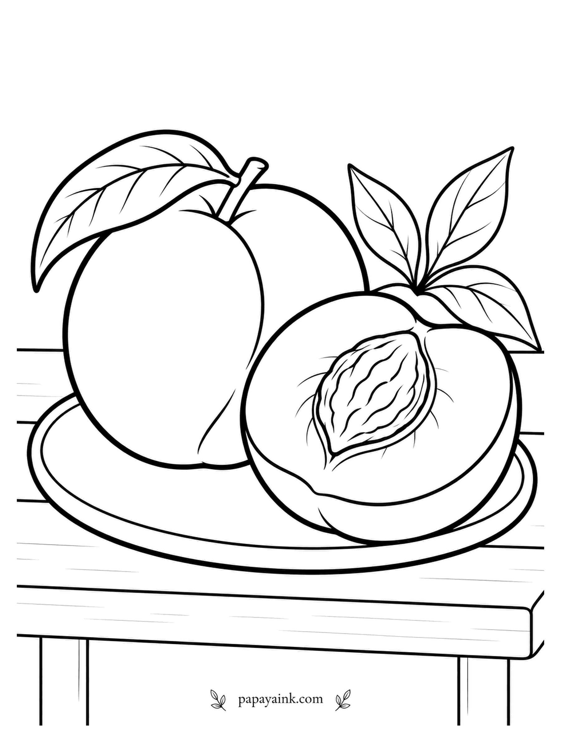 Fruit Coloring Pages - Two peaches on a garden-bench plate, one whole and one halved, with a sprig of leaves tucked at the back. Flesh near the stone turns deep red on most varieties, so blend from cream at the edge to crimson at the center.