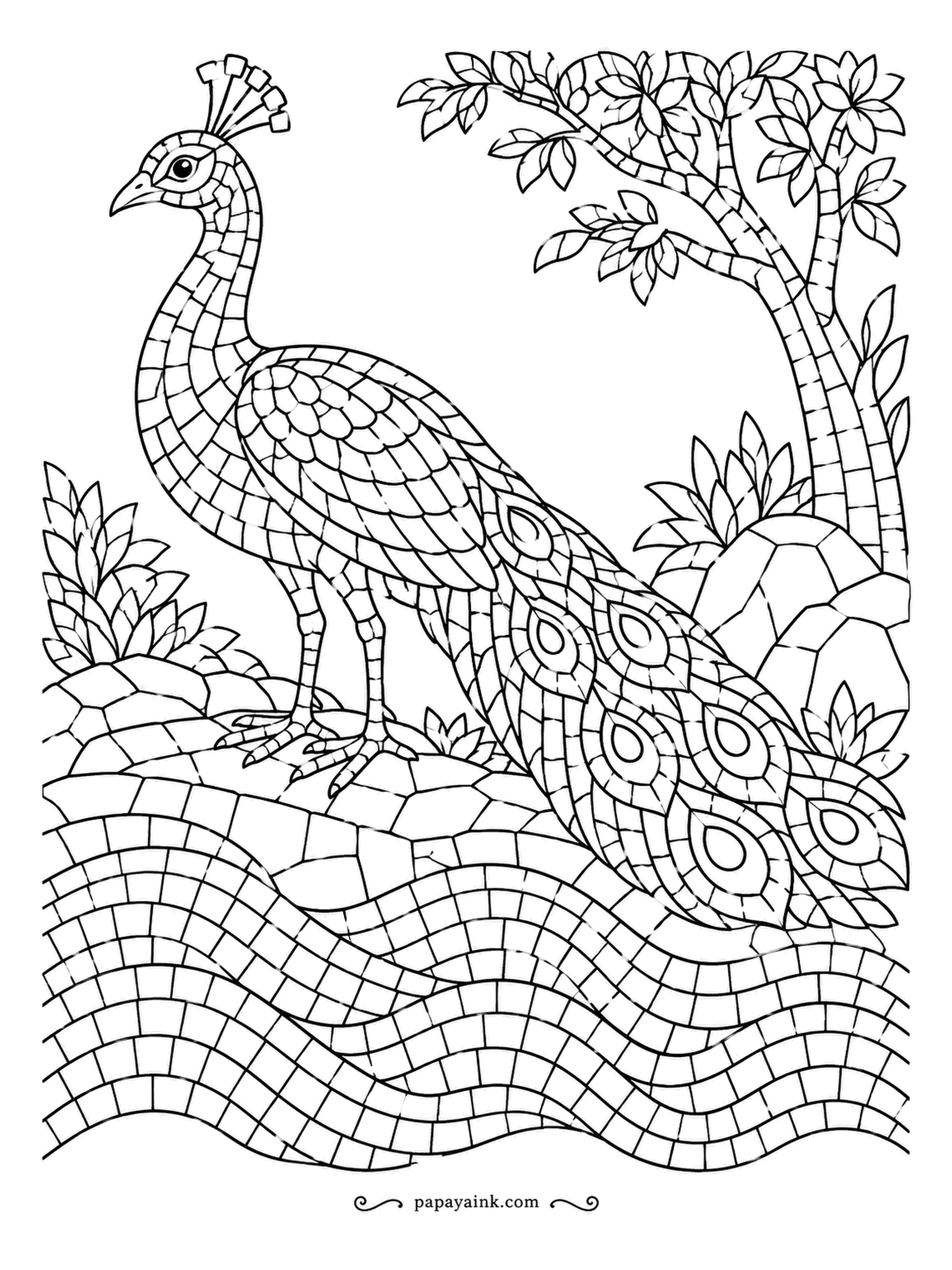 Peacock Coloring Pages - Every inch here is set in tiny tiles - bird, boulder, tree and the rolling waves below, with the grout lines already drawn, a luxury no real mosaic artist gets. Color tile by tile, or give each wave row its own shade. Detailed.