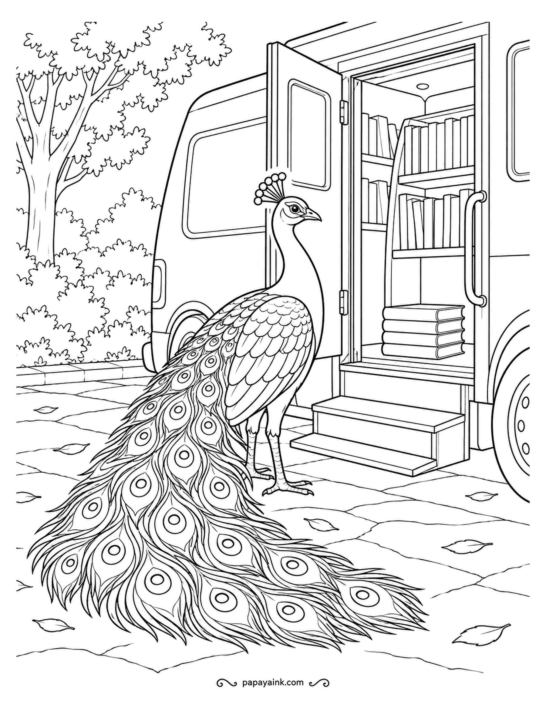 Peacock Coloring Pages - Bookmobile day: the steps are down, the shelves inside are full, and the first visitor in line has feathers. Leaves blow across the pavement around him. Rich detail in the plumage; autumn oranges suit the scattered leaves.