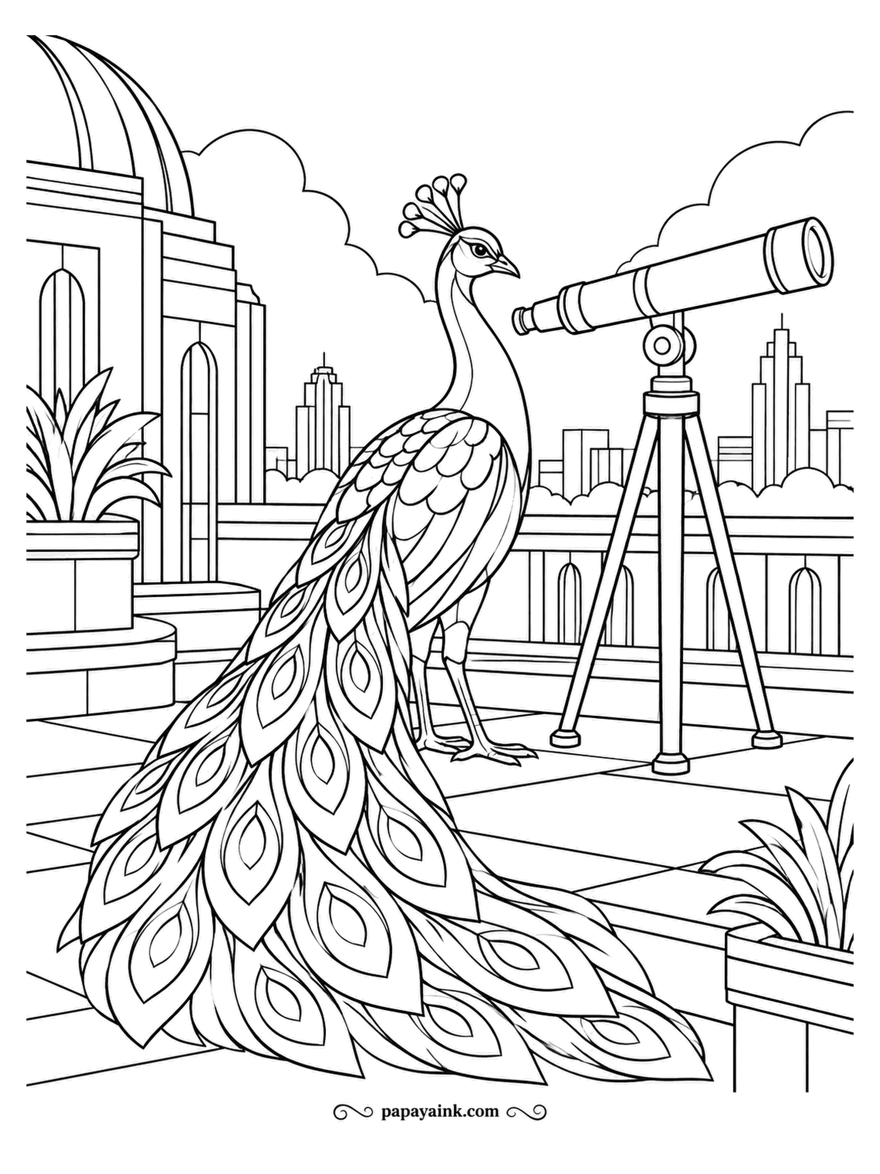 Peacock Coloring Pages - Up on a deco rooftop, a brass telescope points over the skyline toward a domed observatory. The peacock poses beside it, fully expecting to be the thing worth looking at. A pale sky makes a richly colored train stand out.