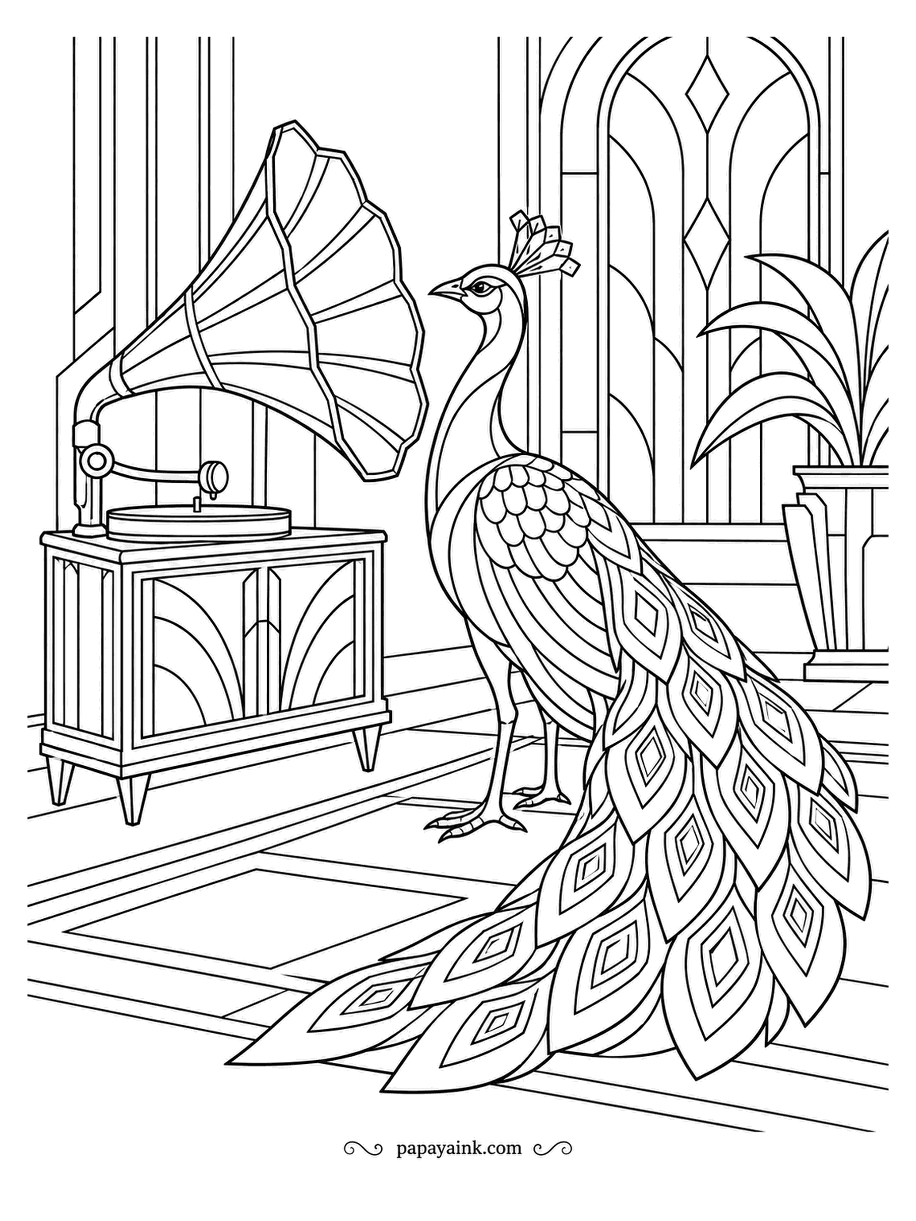 Peacock Coloring Pages - Jazz Age music room: a horn gramophone on a deco cabinet, an arched window and a potted palm. The peacock leans in to check whether the record holds anyone louder than him. Cream, black and teal suit the era.