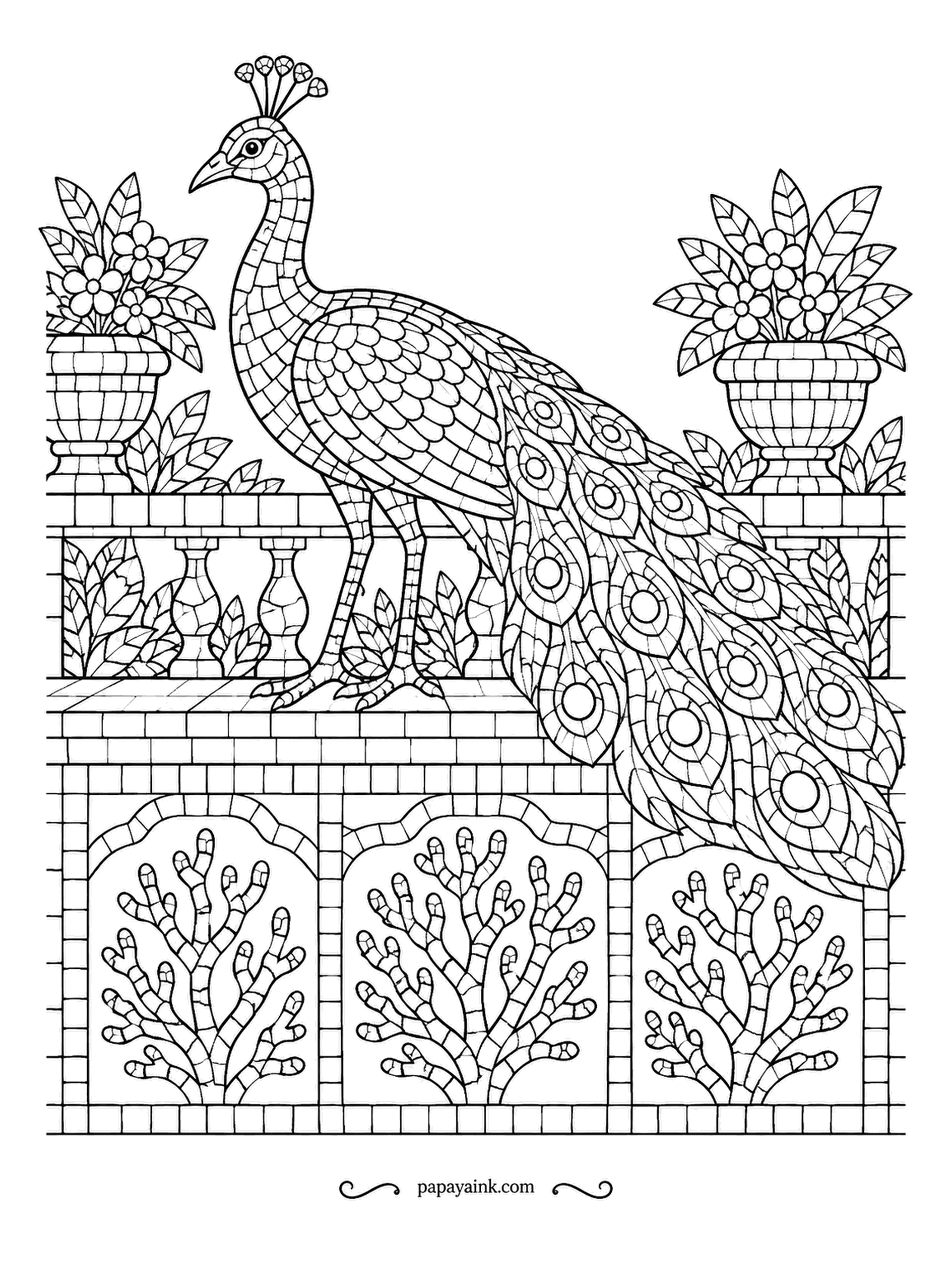 Peacock Coloring Pages - Coral branches in tiled panels, potted blooms and a balustrade - the whole garden wall is mosaic, and so is the bird standing on top of it. Coral pinks against sea blues and greens bring out the tiles. Detailed tile work.