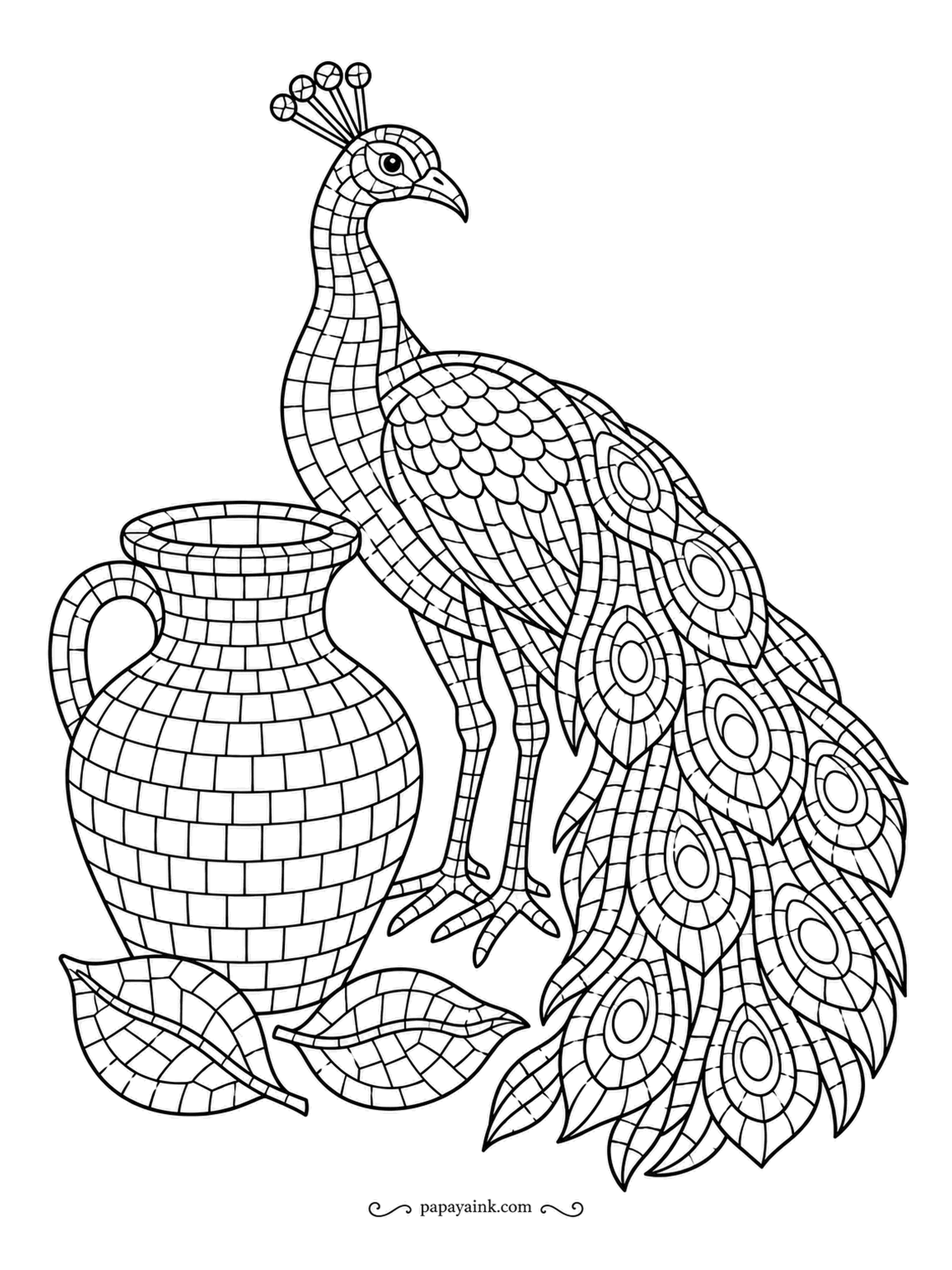 Peacock Coloring Pages - A tall tiled jug, two broad leaves and a peacock made of the same small tiles, standing so close he could be part of the set. Glazed blues and greens beside a terracotta jug make a classic pairing. Many tiny pieces.