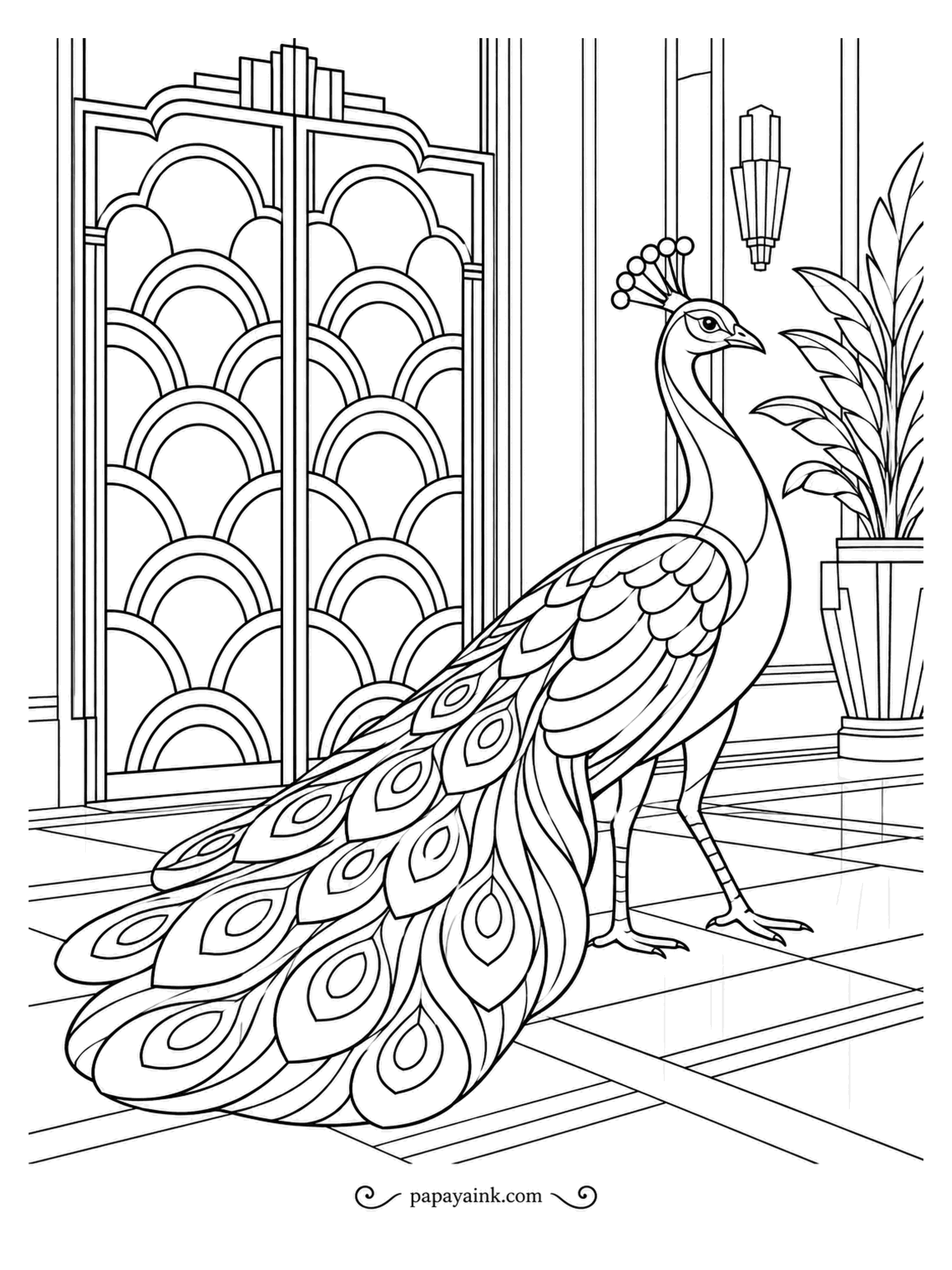 Peacock Coloring Pages - Scalloped gates, a stepped wall lamp and polished floor tiles: this lobby belongs to the deco years. The peacock has been waiting for the elevator a while, since nobody made a button he can press. Black, gold and cream keep it period.