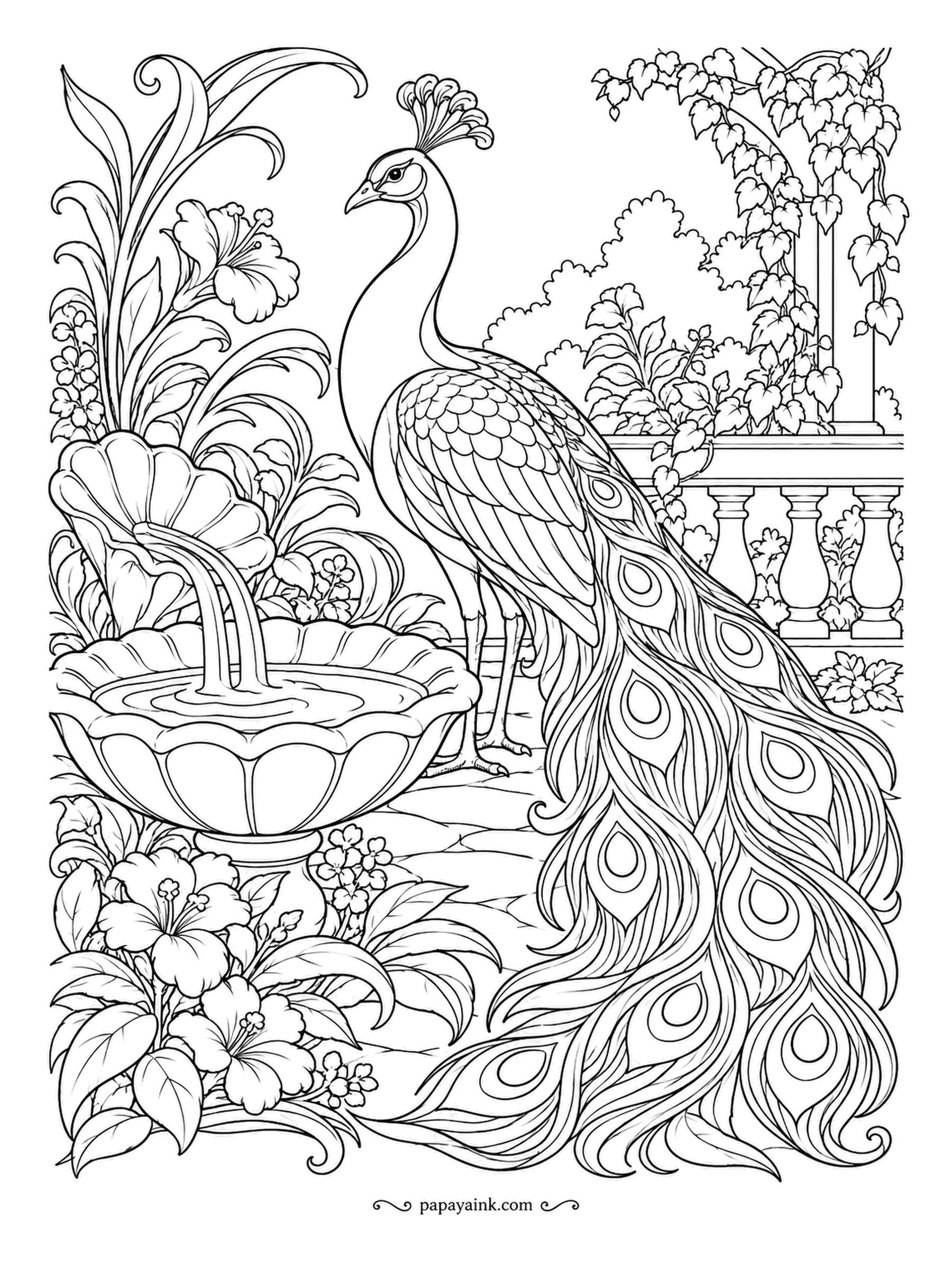 Peacock Coloring Pages - Water spills from a scalloped shell into a wide basin, hibiscus crowds the front, and a balustrade closes off the terrace behind. The peacock came for the reflection, not the drink. Fine eyespots run the length of the train, so sharpen your pencils first.