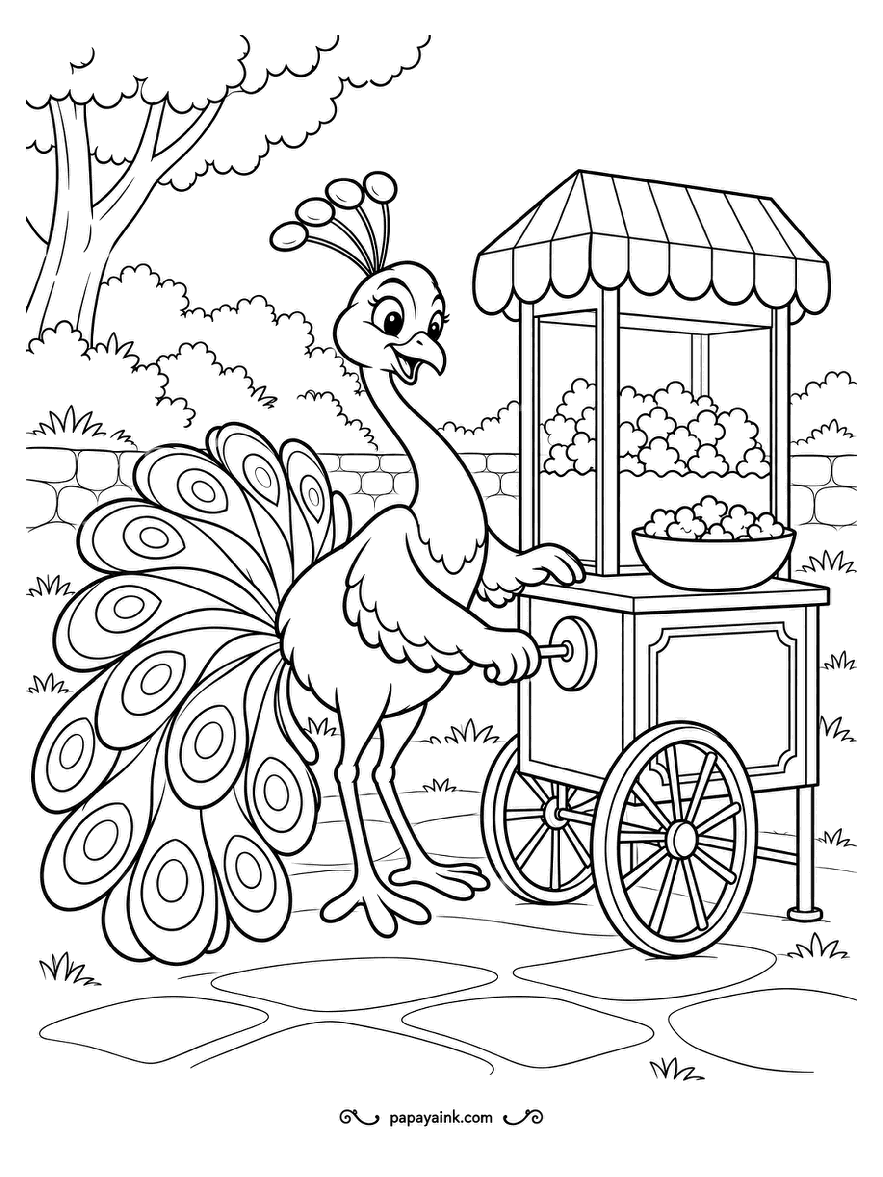 Peacock Coloring Pages - Business is good at the park popcorn cart. The cheerful vendor turns the crank with one wing and has fanned his tail out as a sign nobody can miss. Thick outlines and roomy areas - crayons do the job.
