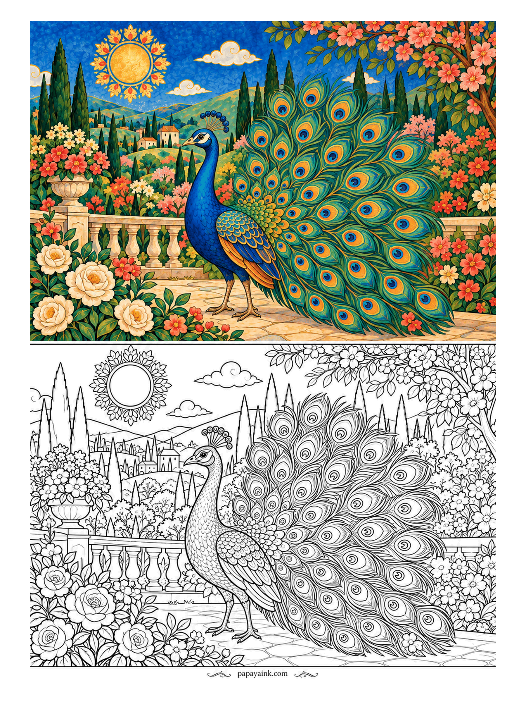 Peacock Coloring Pages - On the terrace by the balustrade, a peacock unfurls the full fan and waits for applause. Pale roses line the railing. Detailed - every eye-spot repeats the same set of rings, so settle the colors on the first one and copy it across.