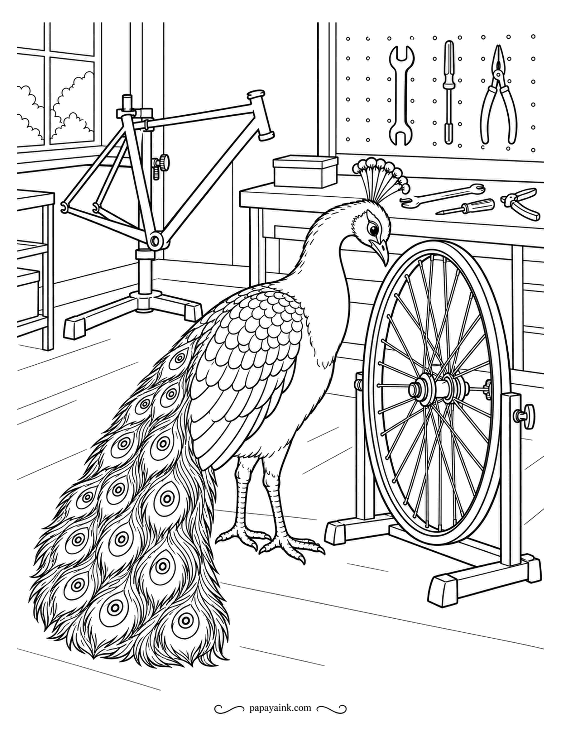 Peacock Coloring Pages - Bike shop scene: a wheel in the truing stand, a bare frame on the repair stand, tools on the pegboard. The peacock inspects the spokes, quietly aware he owns more feathers than the wheel has spokes. Cool grays for the shop make him glow.