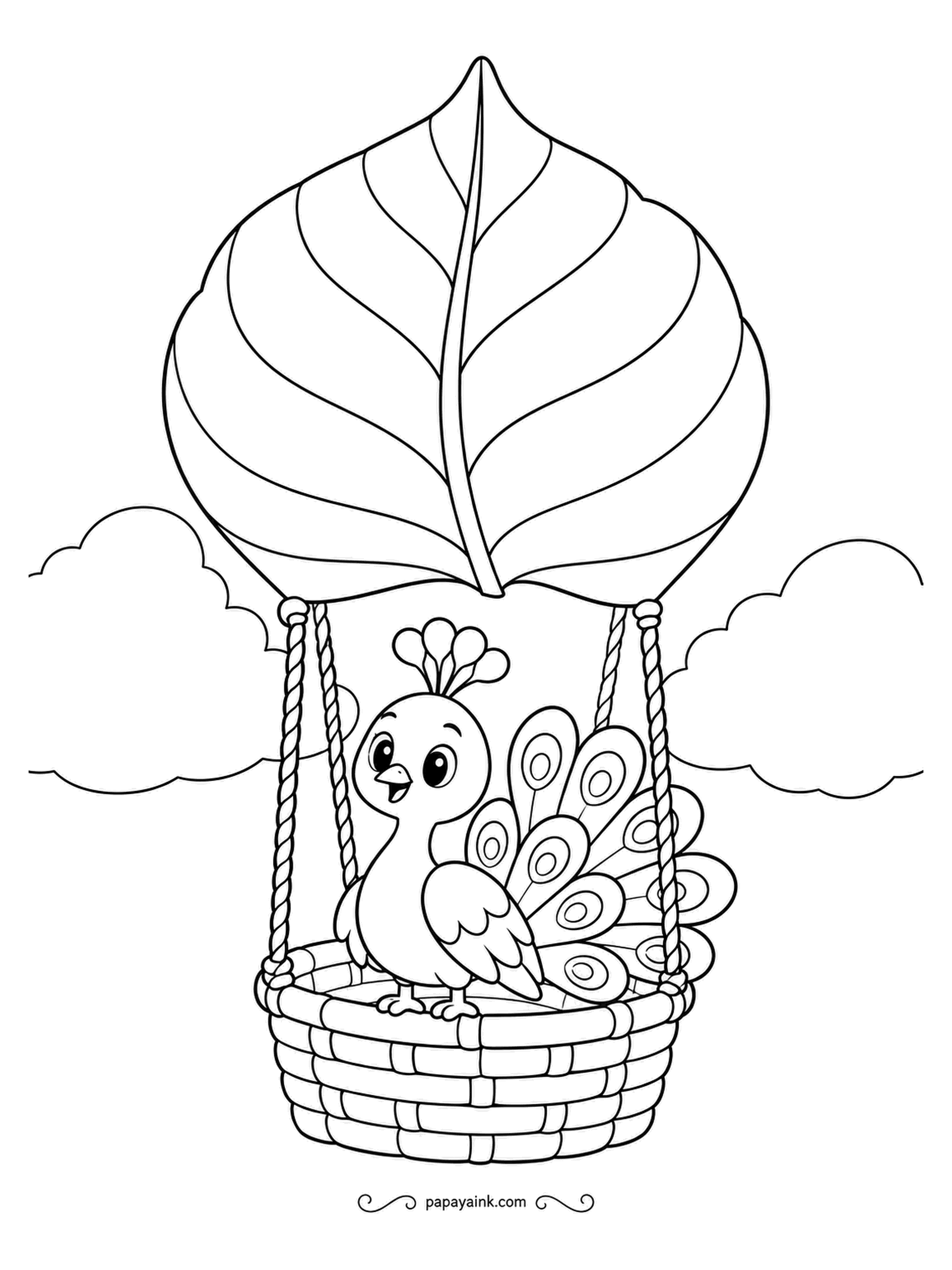 Peacock Coloring Pages - Who needs fabric when a giant leaf will do? The little peacock has rigged one over a woven basket and is floating above the clouds, very pleased with the engineering. Big, simple sections, easy and bright.