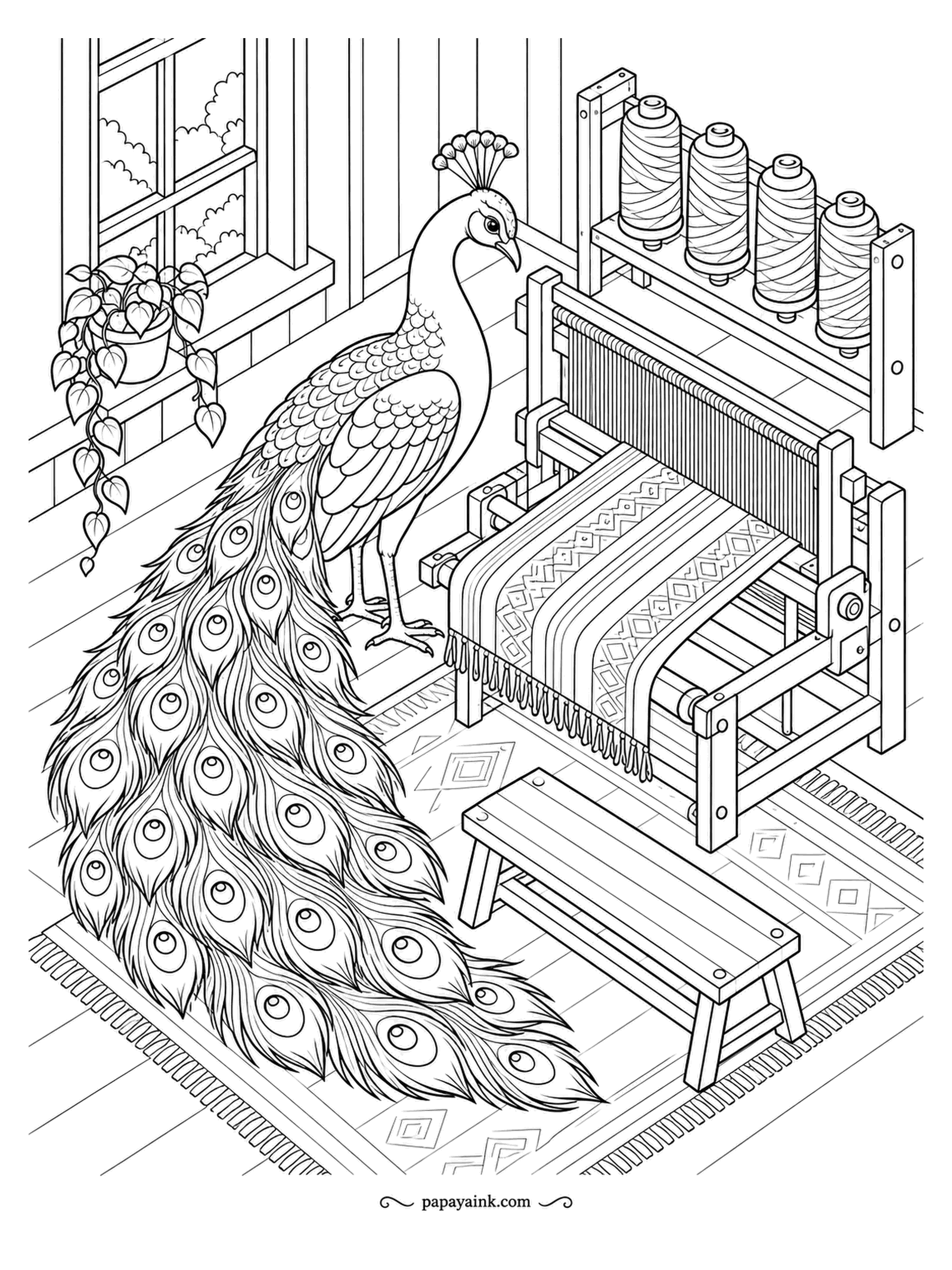 Peacock Coloring Pages - Spools of yarn on the rack and a half-finished rug on the loom, all diamonds and fringe. The workshop's only visitor stands guard by the bench, hoping for a rug in his own colors. Plenty of pattern - rug and plumage side by side.