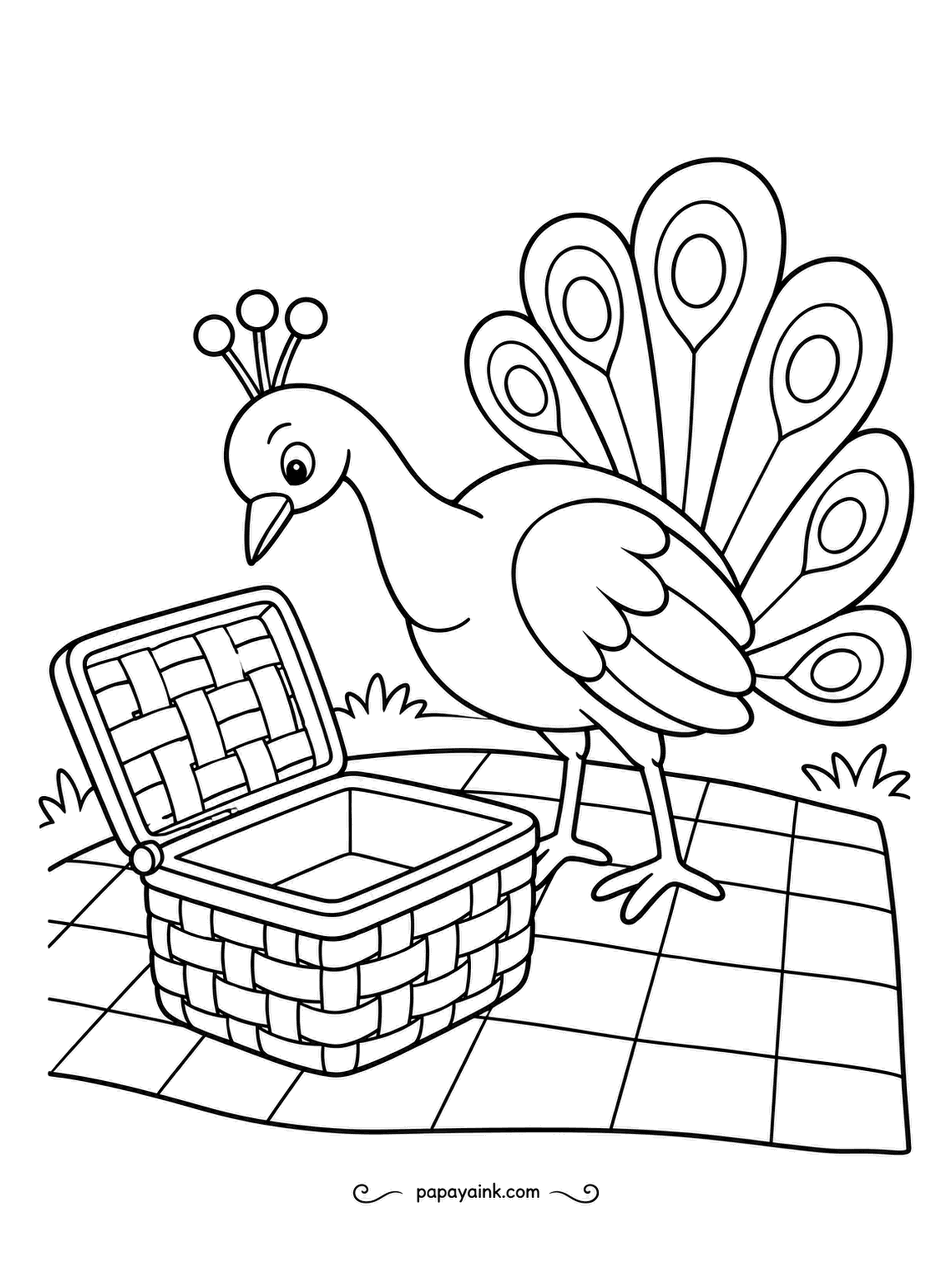 Peacock Coloring Pages - The picnic basket is open, the checkered blanket is spread, and the food is nowhere to be seen. The peacock has questions. Big shapes, few lines - quick and relaxing.