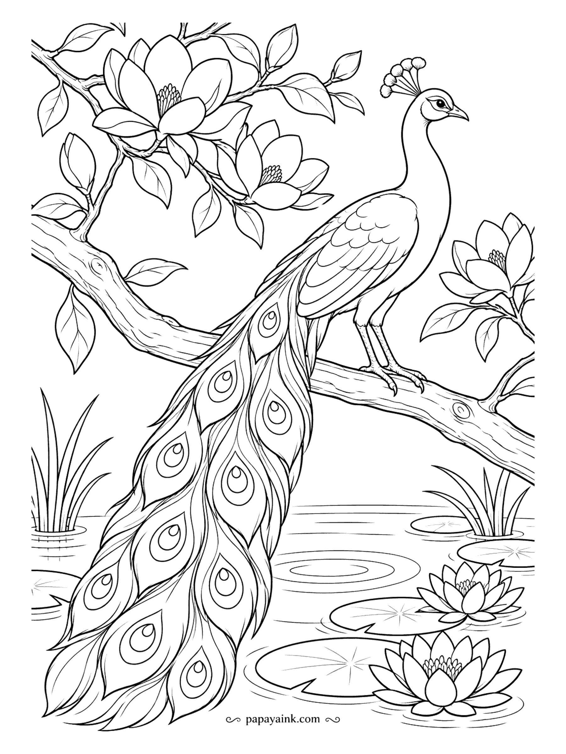 Peacock Coloring Pages - Perched on a thick magnolia branch above a lily pond, the train hanging straight down toward the water lilies. Clean, uncluttered lines. The reflection is only suggested, so add it with a lighter wash if you like.