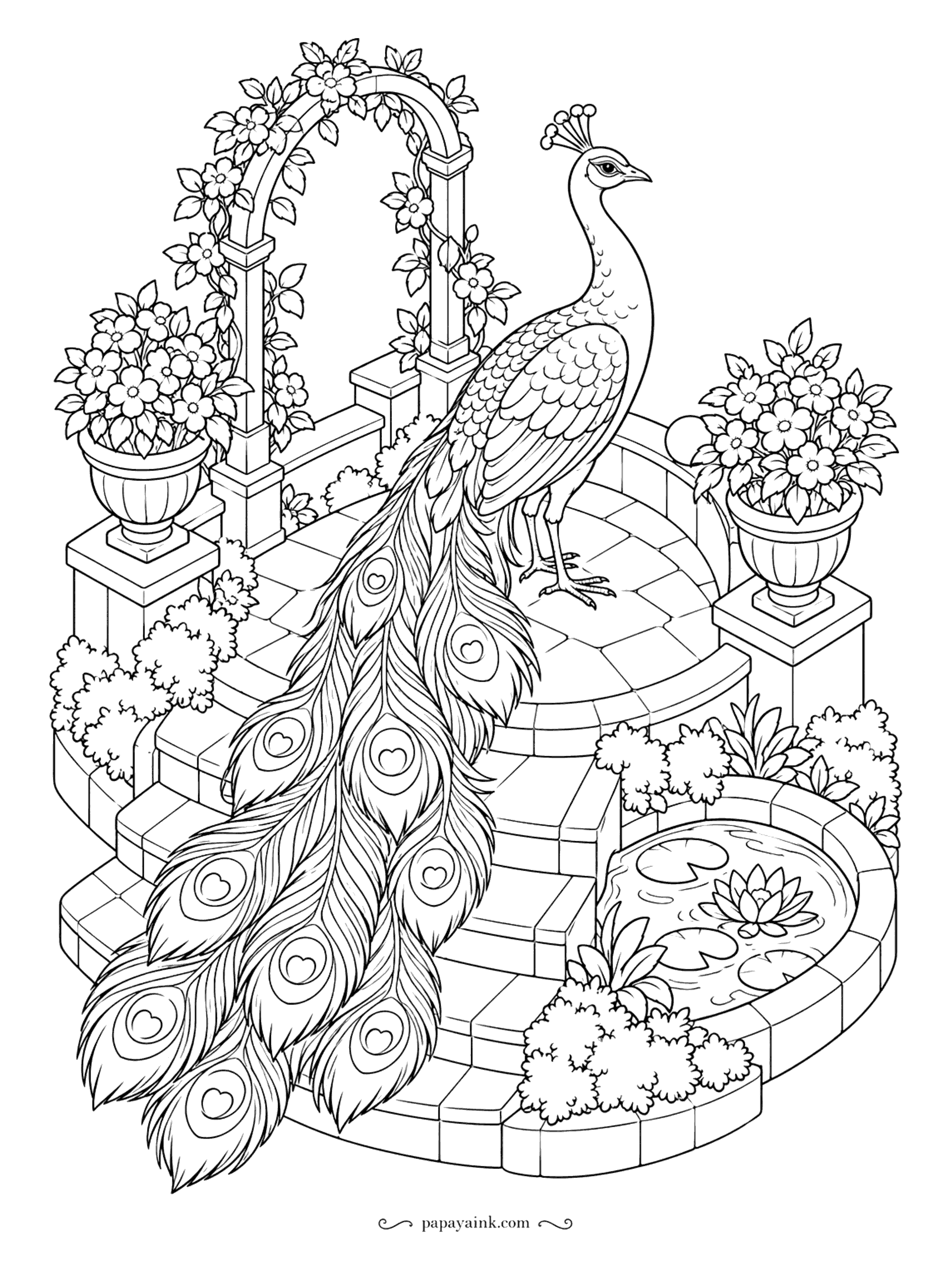 Peacock Coloring Pages - A formal garden with stone steps, potted flowers and a rose arch, and the peacock on top of the staircase letting his train spill down every stair. Isometric, so the perspective stays neat. Detailed.