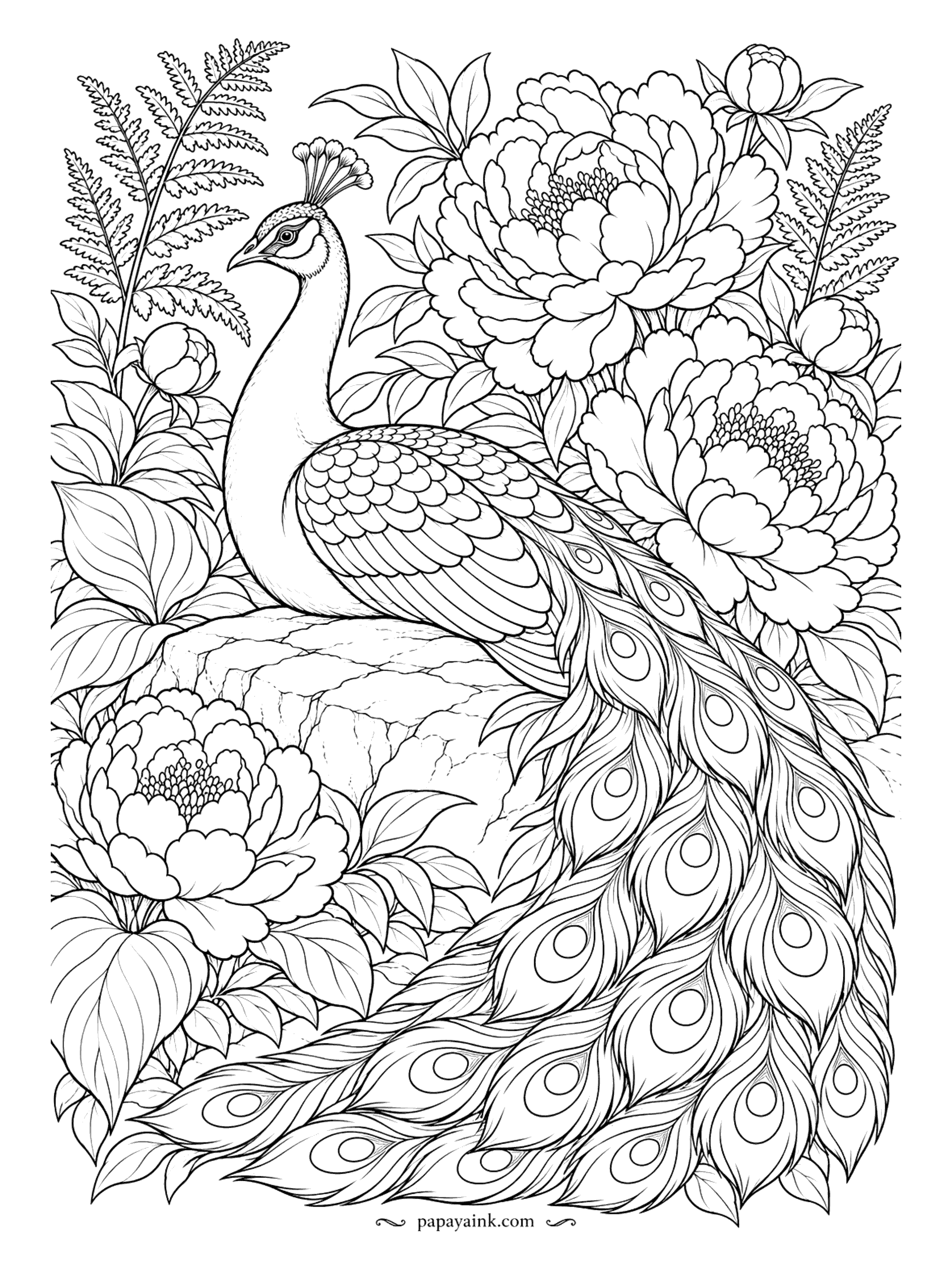 Peacock Coloring Pages - Resting on a rock among peonies the size of dinner plates, with ferns closing in from the top corners. The train pours down the right side of the page. Detailed. Soft pink peonies against a dark bird is the classic choice.