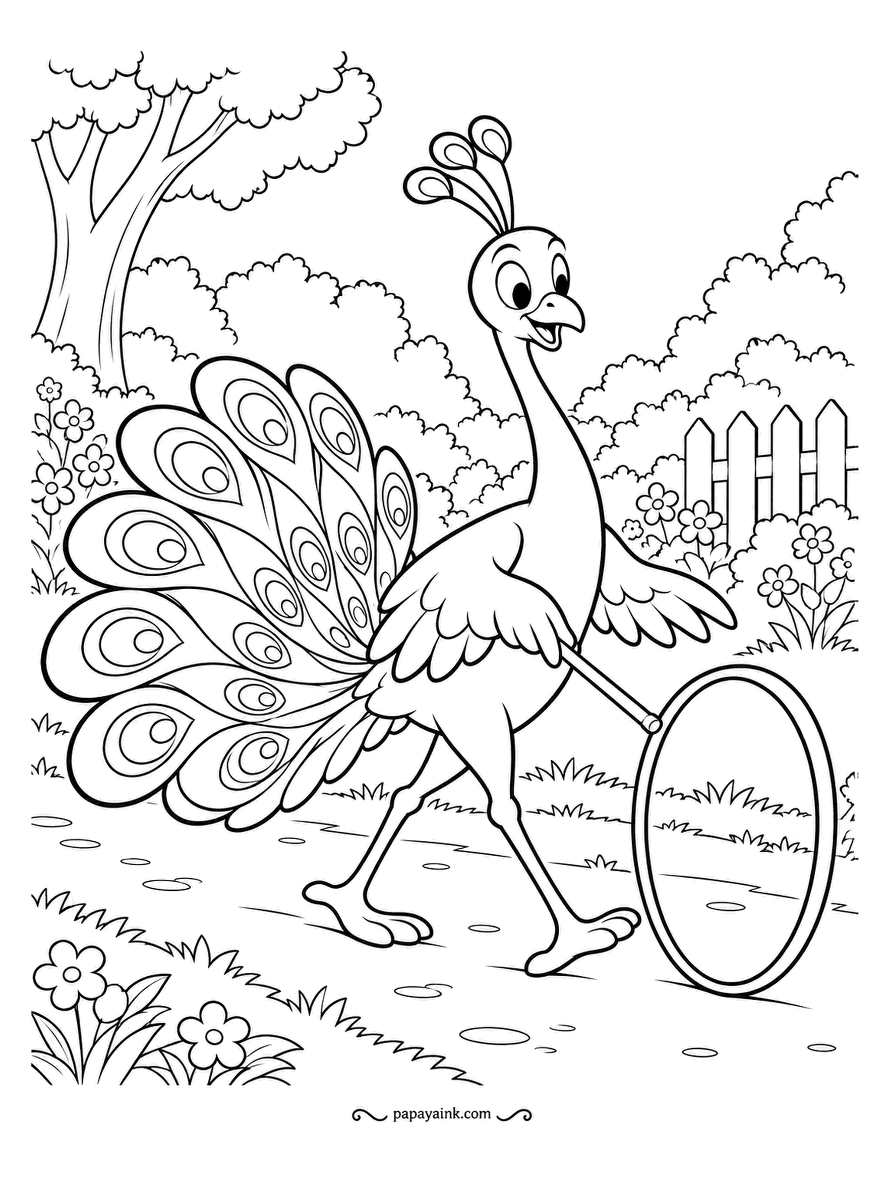 Peacock Coloring Pages - Hoop and stick, an old-fashioned game, and a peacock who has clearly practiced. He strides across the grass keeping the hoop rolling without once looking down. Big outlines with a busy tail make a good middle level of difficulty.