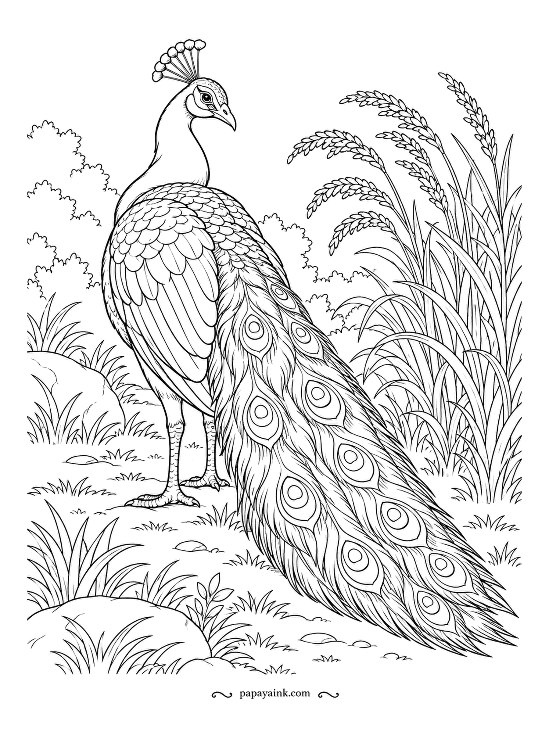 Peacock Coloring Pages - Tall grasses heavy with seed sway behind a peacock giving his folded train a good shake to settle every feather into line. Realistic style. Detailed - long pencil strokes work best.