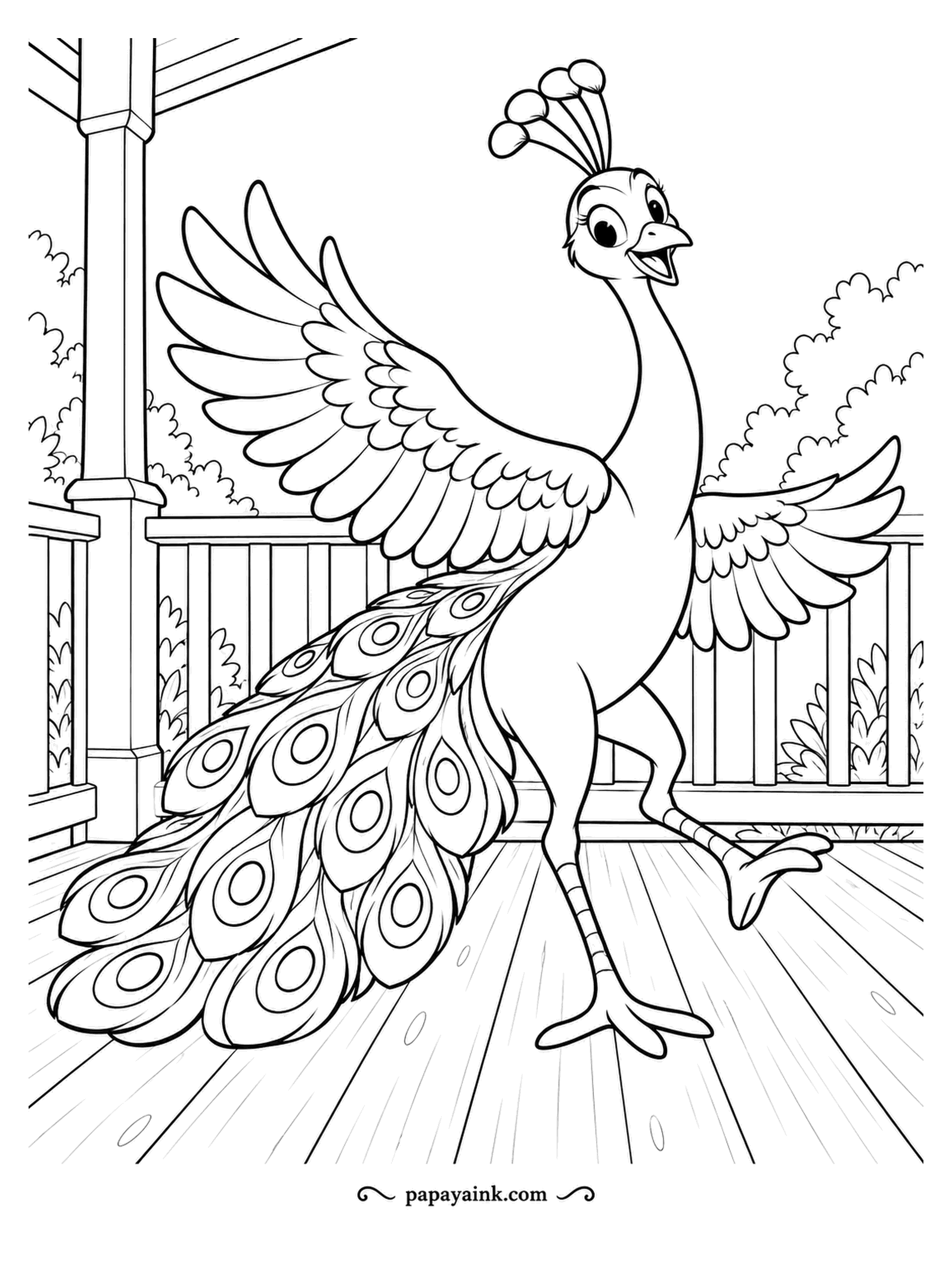 Peacock Coloring Pages - Wings up, one foot kicked out, the porch boards ringing: tap dancing comes naturally to a bird born to show off. Bold outlines with a lively tail - markers are fine.