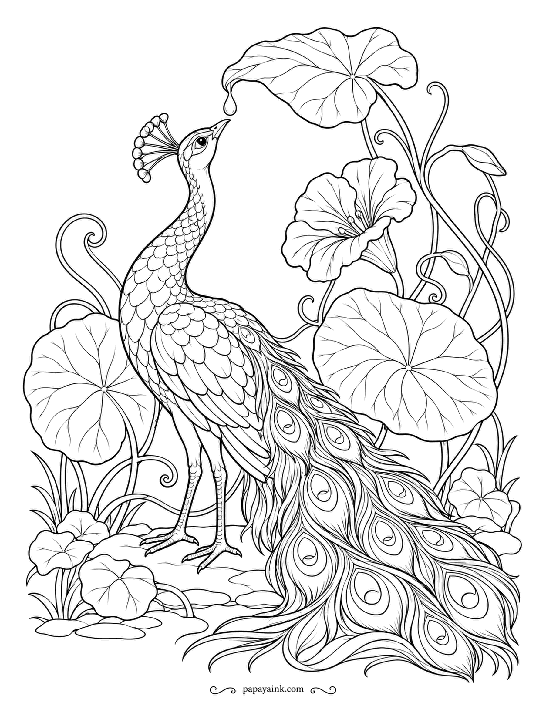 Peacock Coloring Pages - A single drop hangs from the edge of a round leaf, and the peacock stretches up to catch it before it falls. Umbrella-like foliage and trumpet flowers curl around him. Detailed - tiny scales on the neck.