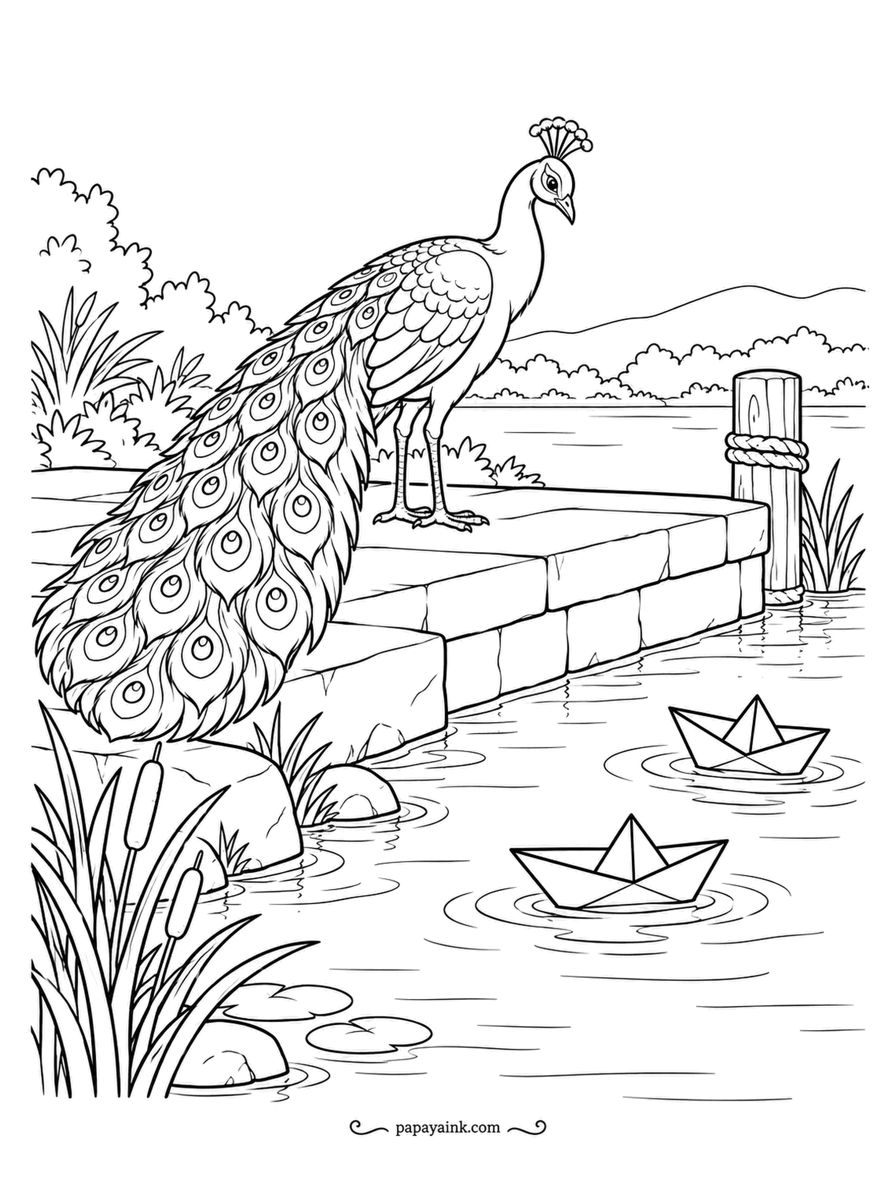Peacock Coloring Pages - Two paper boats drift past a stone landing, and the peacock watches them from the top step with the calm of a harbor master. Cattails, lily pads and a rope-wrapped mooring post fill the edges. Soft blue ripples make a quiet background.