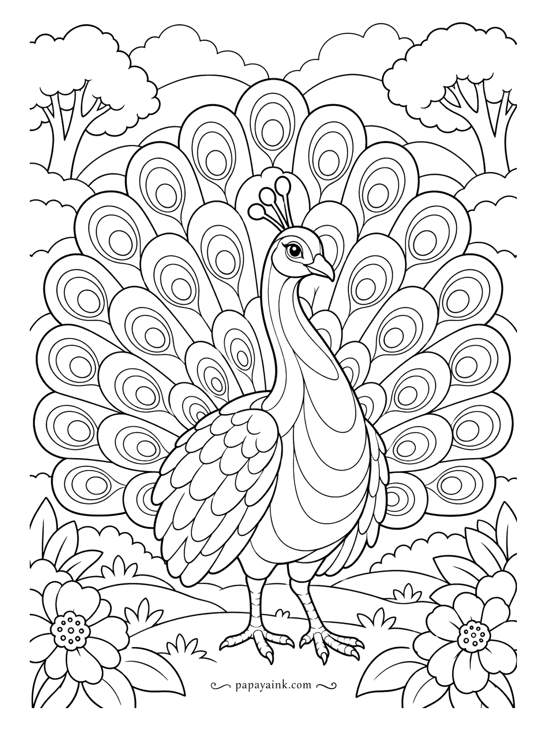 Peacock Coloring Pages - The full display, straight on: tail fanned wide, trees and clouds pushed to the edges to make room. Flowers fill the bottom corners. Open shapes and clear eyespots, an easy page for anyone new to peacocks.