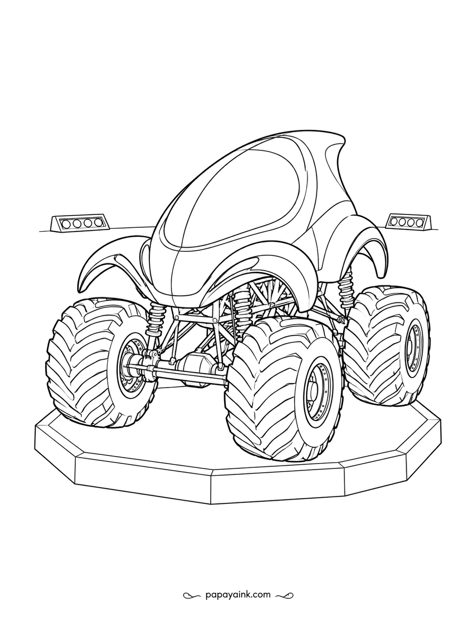 Monster Truck Coloring Pages - Octagonal plinth, two light bars, and a runner with a pear-shaped dome cab turning slowly for the crowd. No background to speak of. Try a gradient across the dome from light to dark.