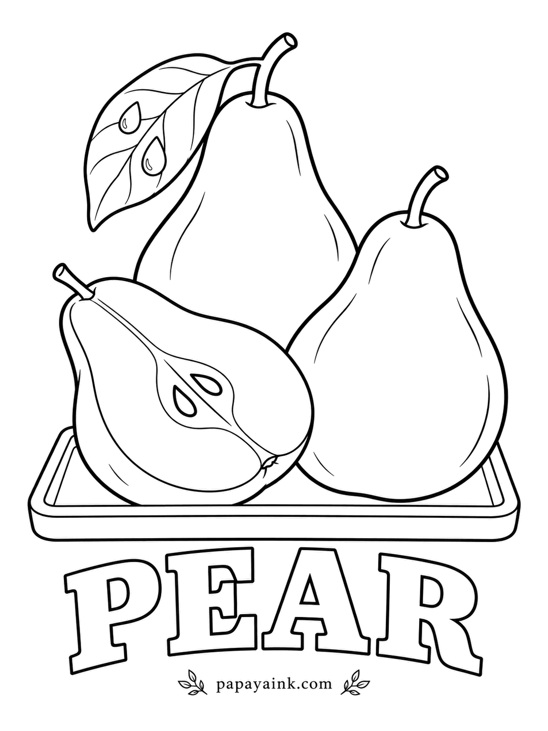Printable Fruit Coloring Pages - Three pears, one cut lengthwise to reveal the small seeds and the narrow core. Pears come in green, yellow, red and brown, so this is the sheet where any color you pick is correct.