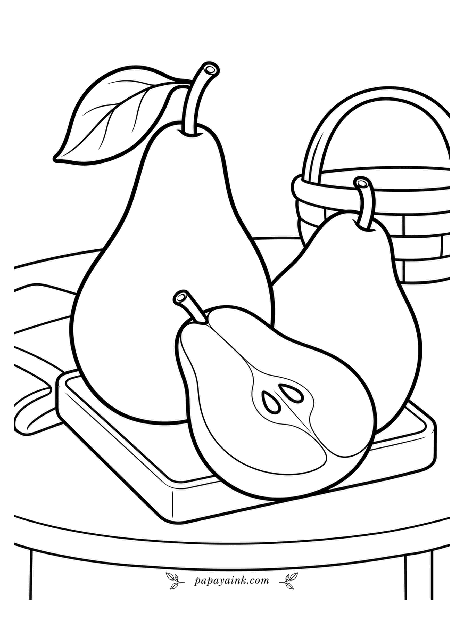 Fruit Coloring Pages - Pears ripen from the inside out, which is why a perfect-looking pear is sometimes already too late. Two of them stand on a tray with a third cut lengthwise, seeds exposed, and a basket behind. Pale green with a brown stem is the classic look.