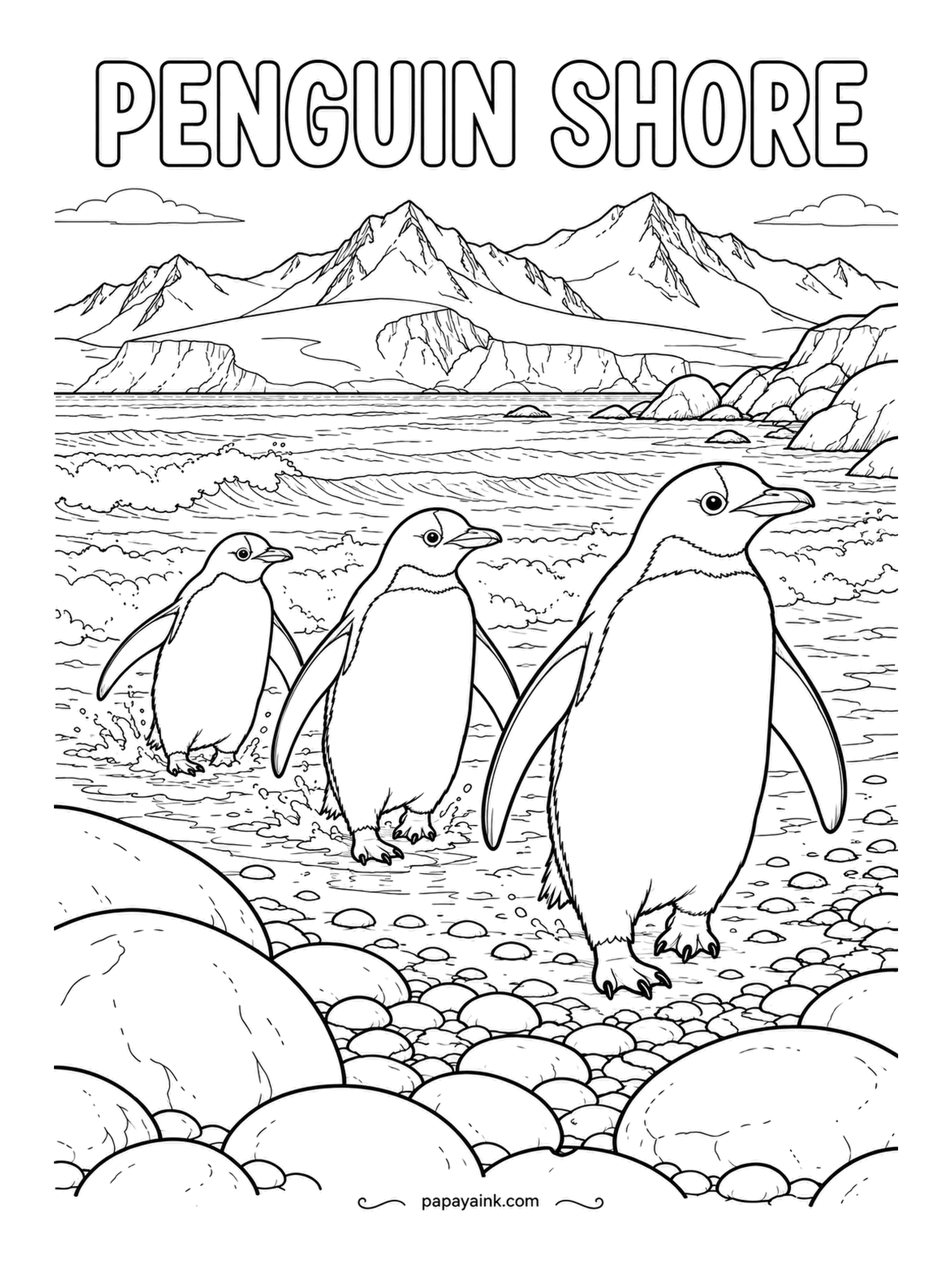 Beach Coloring Pages - Penguin Shore: three penguins walking up a pebble beach from the water, snow mountains across the strait. Black backs, white fronts, and the beach stones in grays and browns. The hard part is leaving the white white.