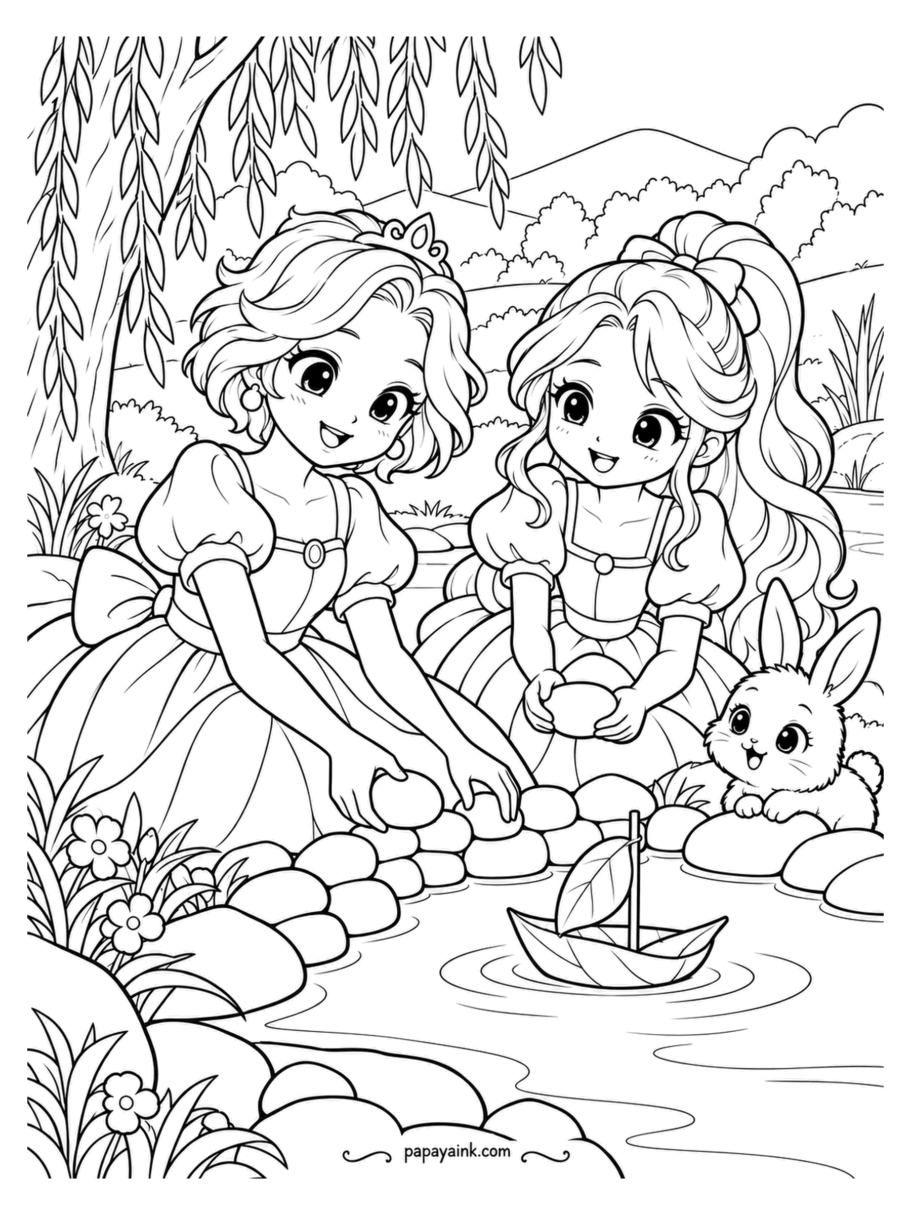 Kawaii Princess Coloring Pages - Harbor works at the stream. The princesses stack pebbles into a breakwater while the leaf boat waits with its sail up, and the rabbit on the far bank inspects the construction. Pebbles in grays and tans, water in one pale blue.