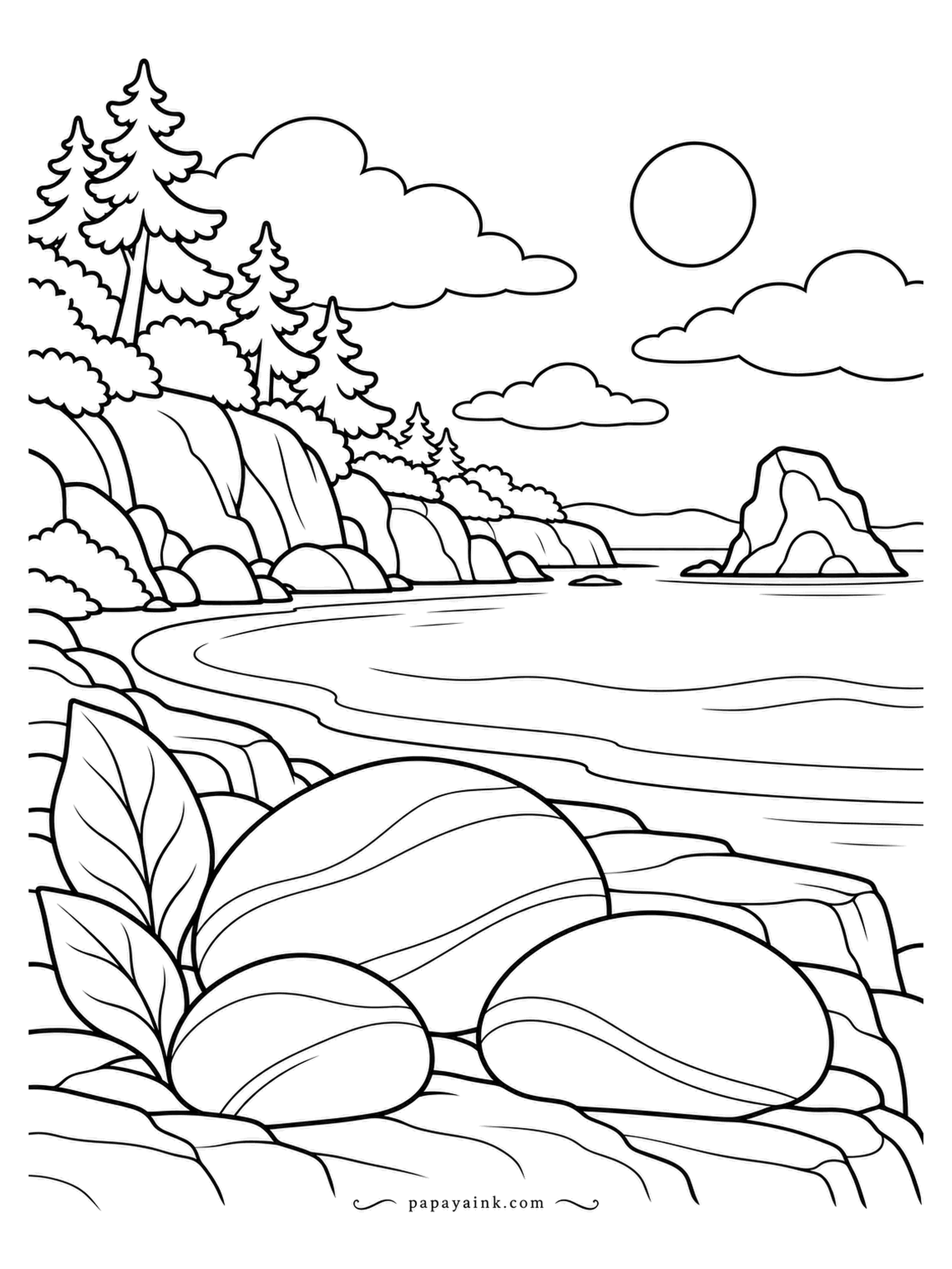 Nature Coloring Pages - Smooth boulders, rounded by a few thousand winters of surf, rest on the shore of a small inlet below fir-topped cliffs, with a sea stack standing offshore. Water-worn stone has bands: follow the lines already drawn and alternate warm and cool greys.