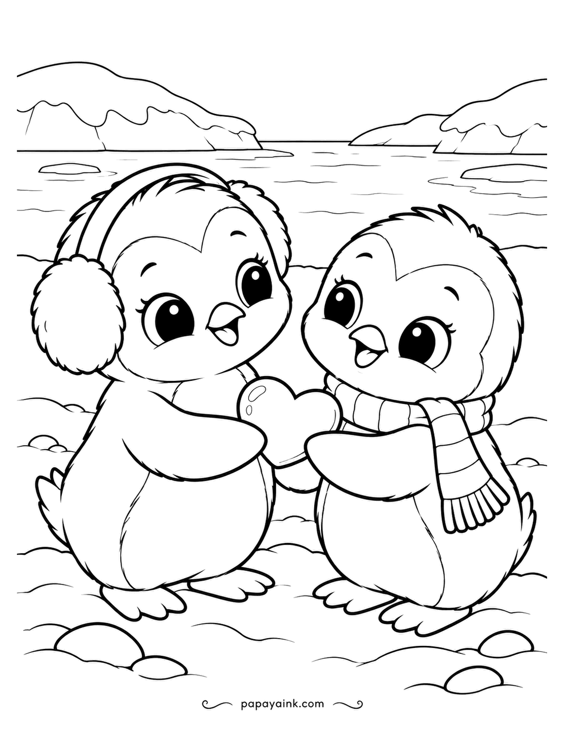 Cute Winter Coloring Pages - Penguins give pebbles, and this one is heart-shaped. Two chicks in earmuffs and scarves hold it between them on the shore, hills across the water. Black and white birds, one red heart: a sheet that colors itself.