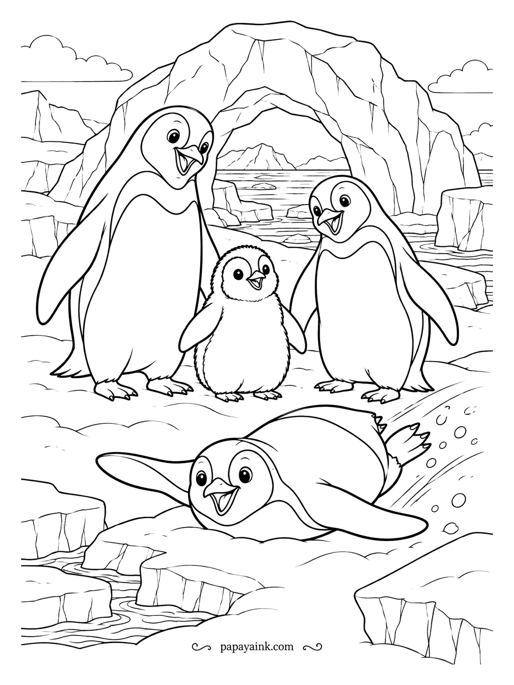 Free Printable Winter Coloring Pages - Two adult penguins, a fluffy chick between them and a fourth who has given up walking and gone belly-first down the slope. An ice arch frames the sea. The chick is the only one not in black and white, so pick his gray carefully.