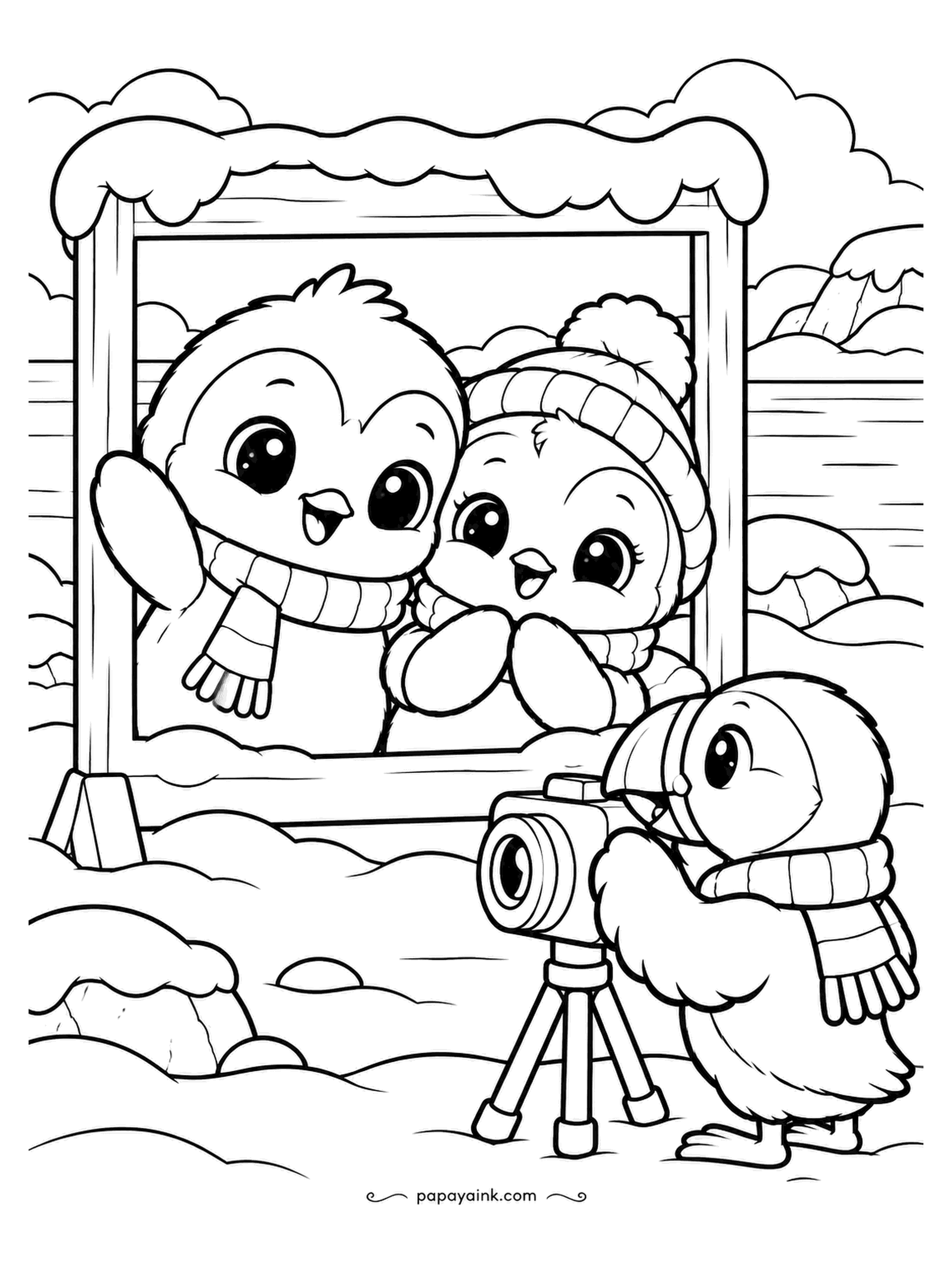 Kawaii Winter Coloring Pages - Two penguins pose in a wooden frame that counts as a photo booth if you believe in it. The puffin behind the tripod is waiting for the one that keeps blinking. Give the sea a flat gray so the frame reads.
