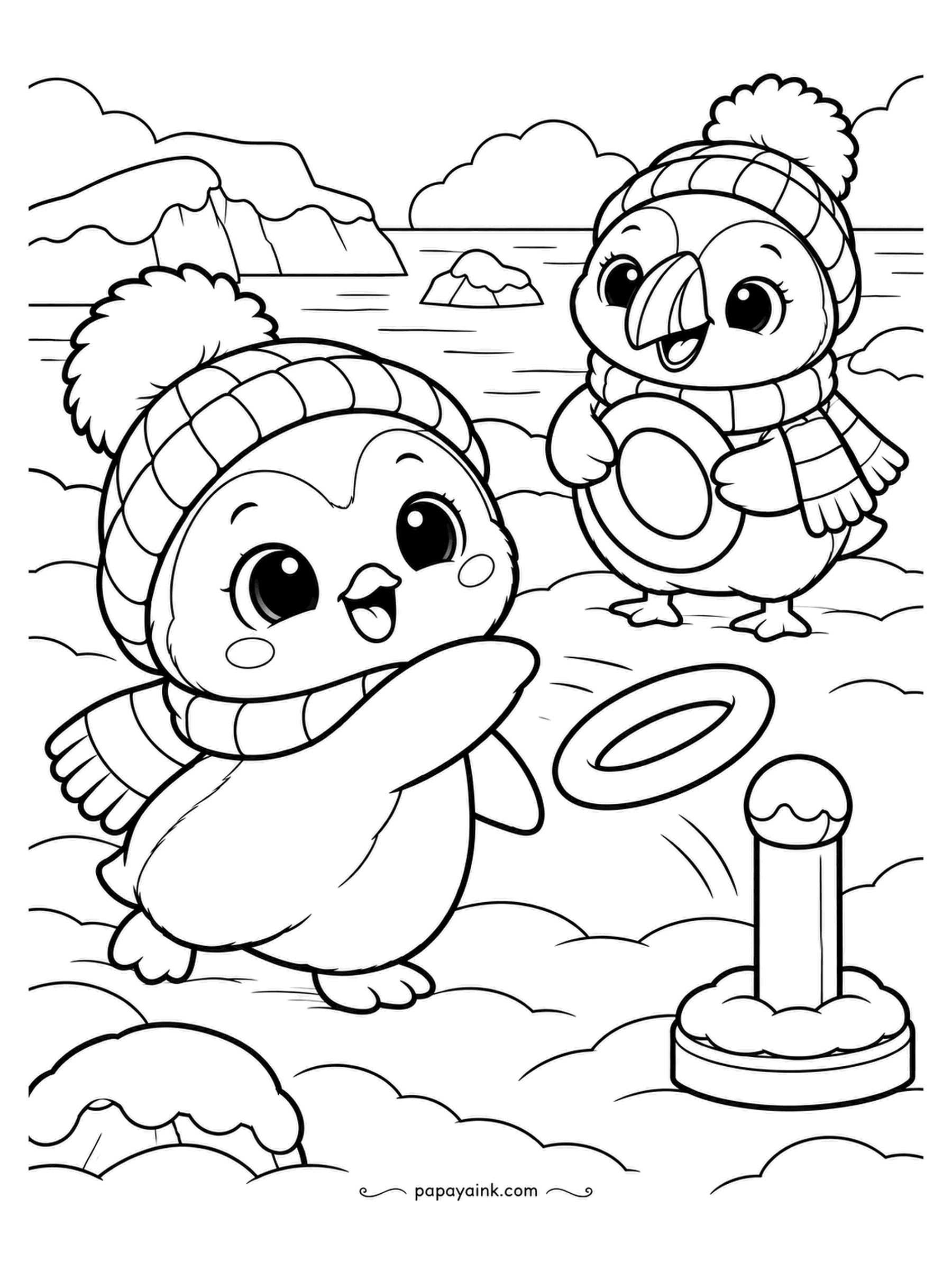 Kawaii Winter Coloring Pages - Ring toss on the ice. The penguin has thrown, the ring is still in the air, and the puffin holds the spares and his opinion. Icebergs in the back take a very pale blue; the rings can be bright.