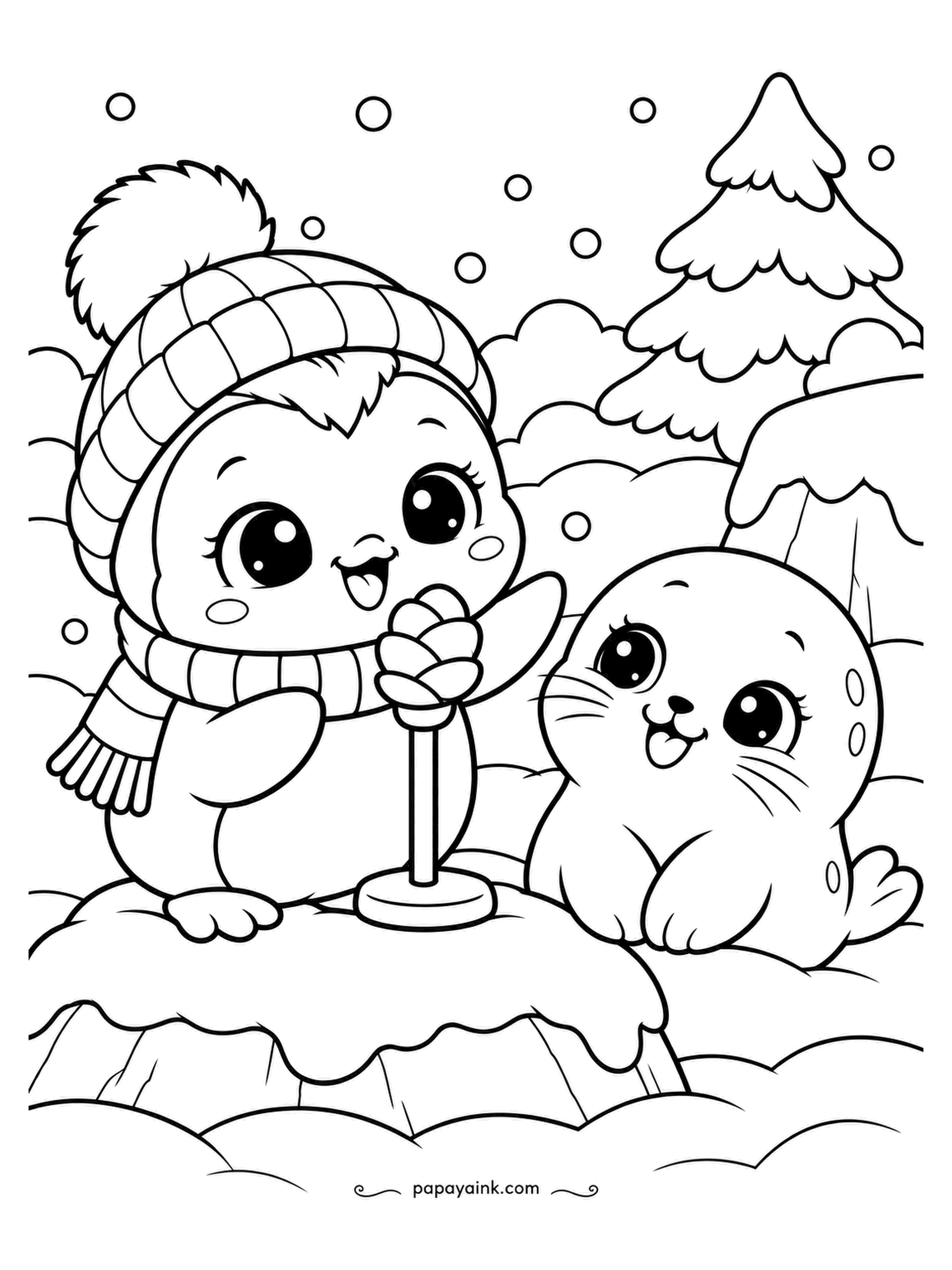 Kawaii Winter Coloring Pages - A snowball on a stand is a microphone, and the penguin is mid-song. The seal pup is the audience and is being polite about it. Black and white on the penguin, with the cheeks in pink.