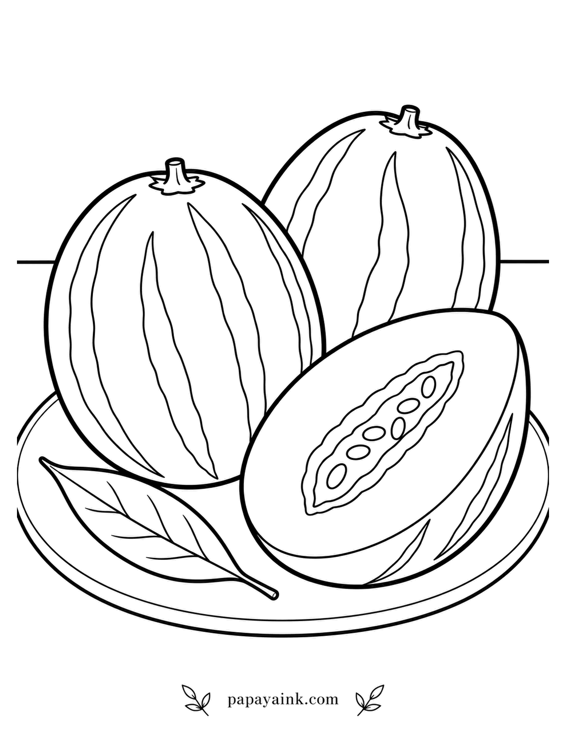Fruit Coloring Pages - Despite the name, a pepino melon is no melon at all but a cousin of the tomato and the eggplant. It tastes somewhere between honeydew and cucumber. Creamy yellow skin painted with purple streaks - follow the stripes on each fruit, and keep the cut face pale.