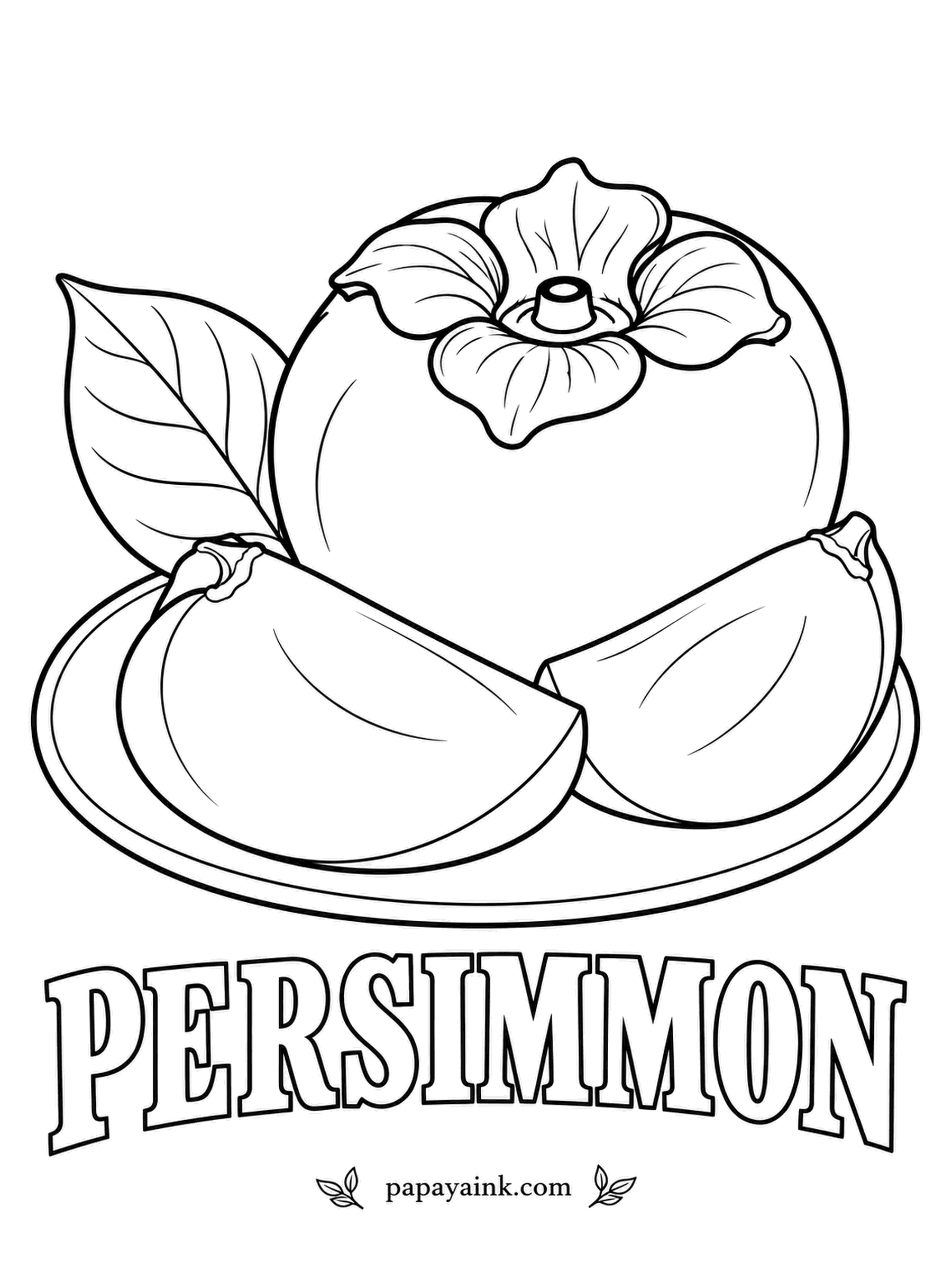 Printable Fruit Coloring Pages - Persimmon under its big papery calyx, with two wedges on the plate. A deep, even orange all over is correct; the calyx is dry and beige, and the cut flesh is only a shade lighter than the outside.
