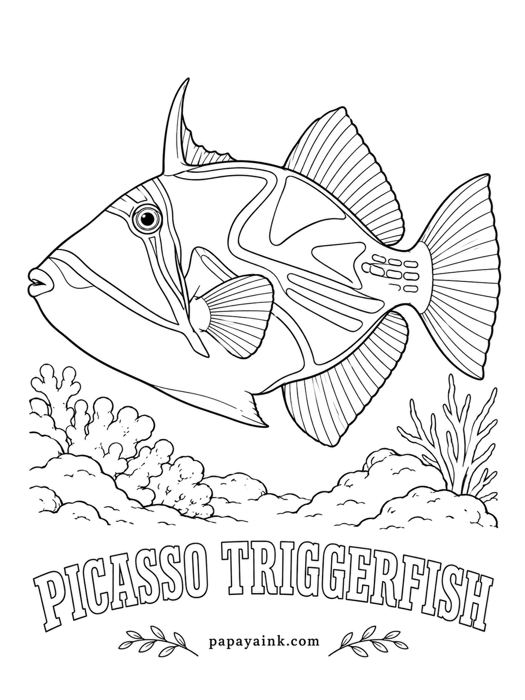 Ocean Fish Coloring Pages - Painted in blocks like a cubist canvas: sandy tan, blue and yellow lines from eye to fin, a black patch with pale stripes low on the flank. It shares a genus with the state fish of Hawaii and grunts when grabbed.