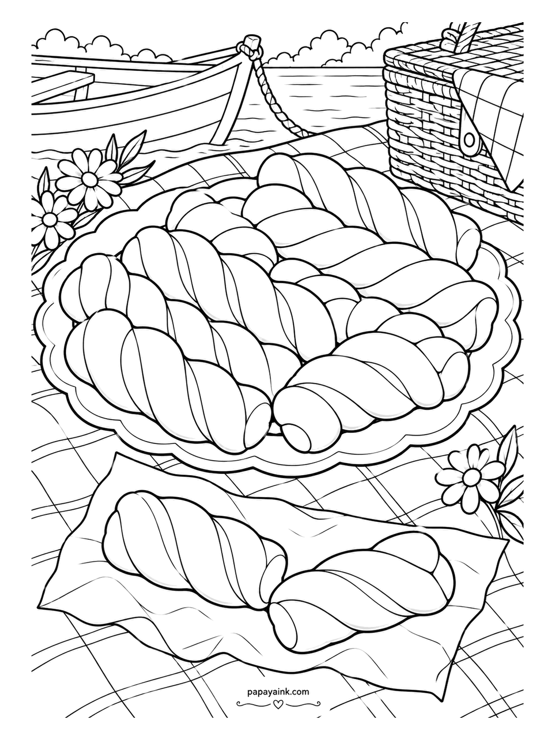 Candy Coloring Pages - Lakeside picnic, marshmallow twists heaped on a platter, two on a napkin, with a rowboat and the picnic basket beyond. Rope stripes in pink and white, the checked cloth in one soft color.