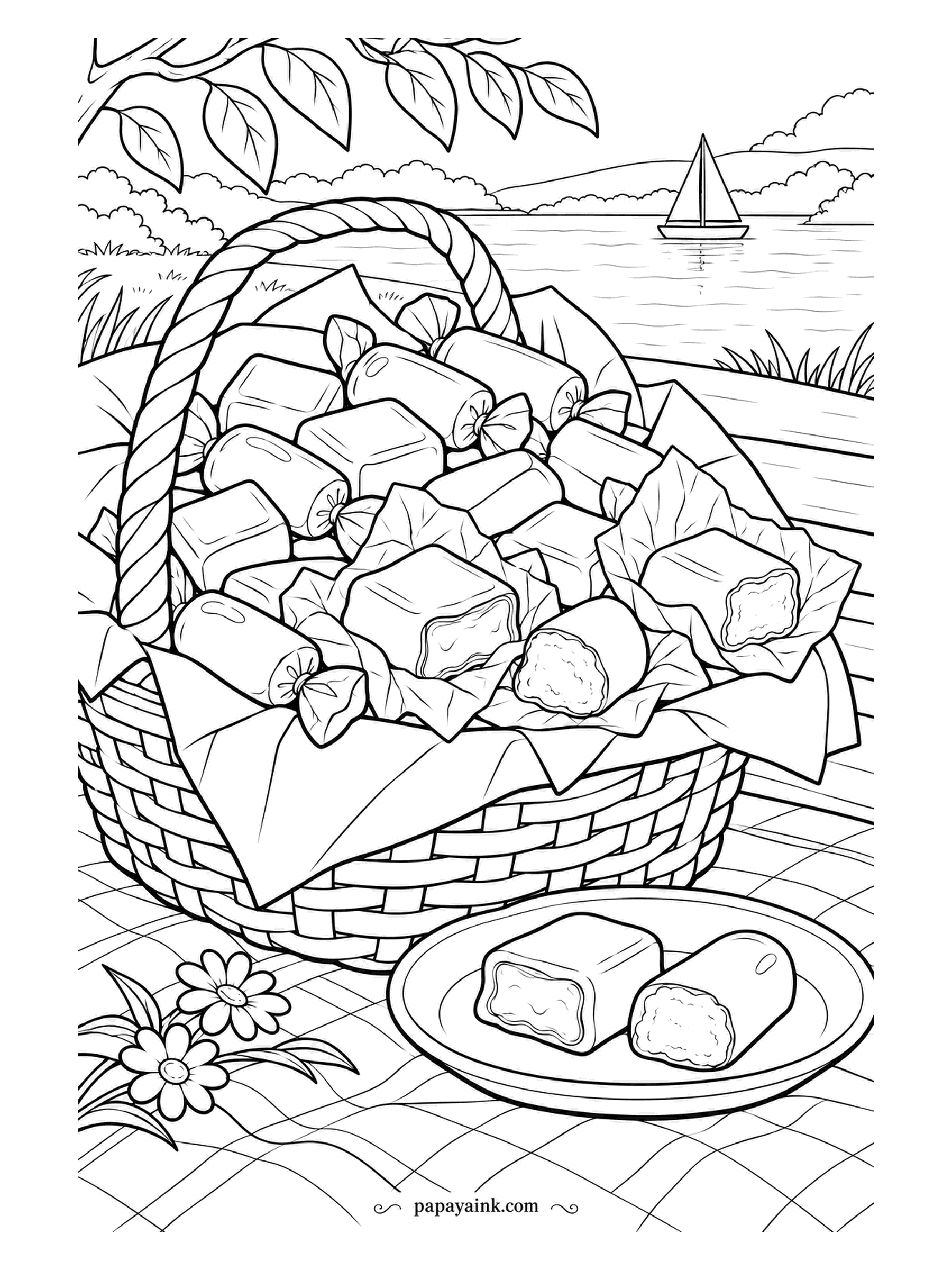 Candy Coloring Pages - Picnic basket by the lake, soft chews heaped inside, papered and bare mixed together, with a sailboat on the water and daisies at the corner of the checked cloth. Two cut pieces lie on the plate. Toffee and cream, with the lake in blue.