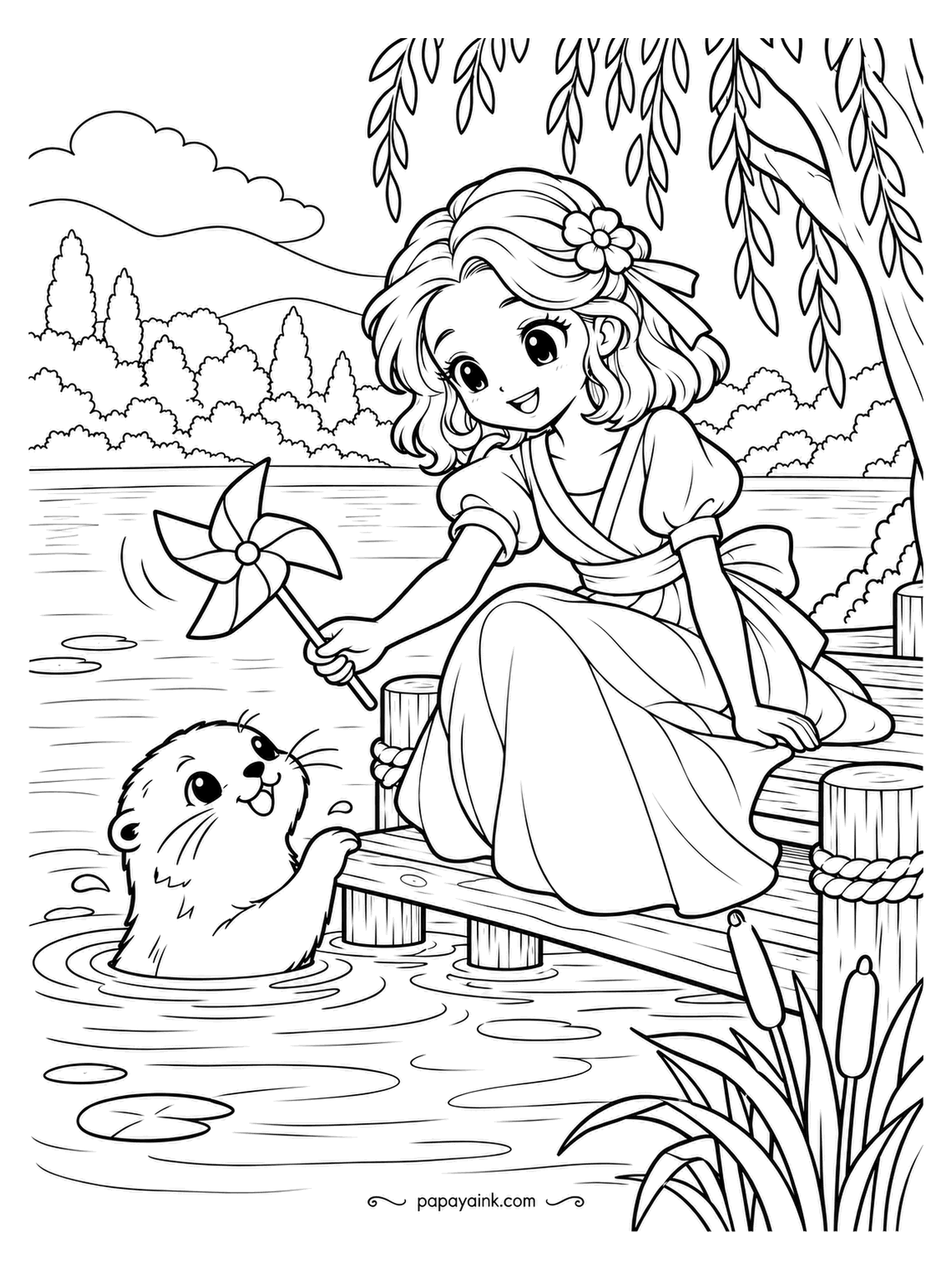 Kawaii Princess Coloring Pages - Pinwheel on the pier, otter in the water, and a very fair breeze. The princess leans the toy out past the edge, and the otter has surfaced to tap it into one more spin. Ripples, cattails, willow - plenty of blue and green.