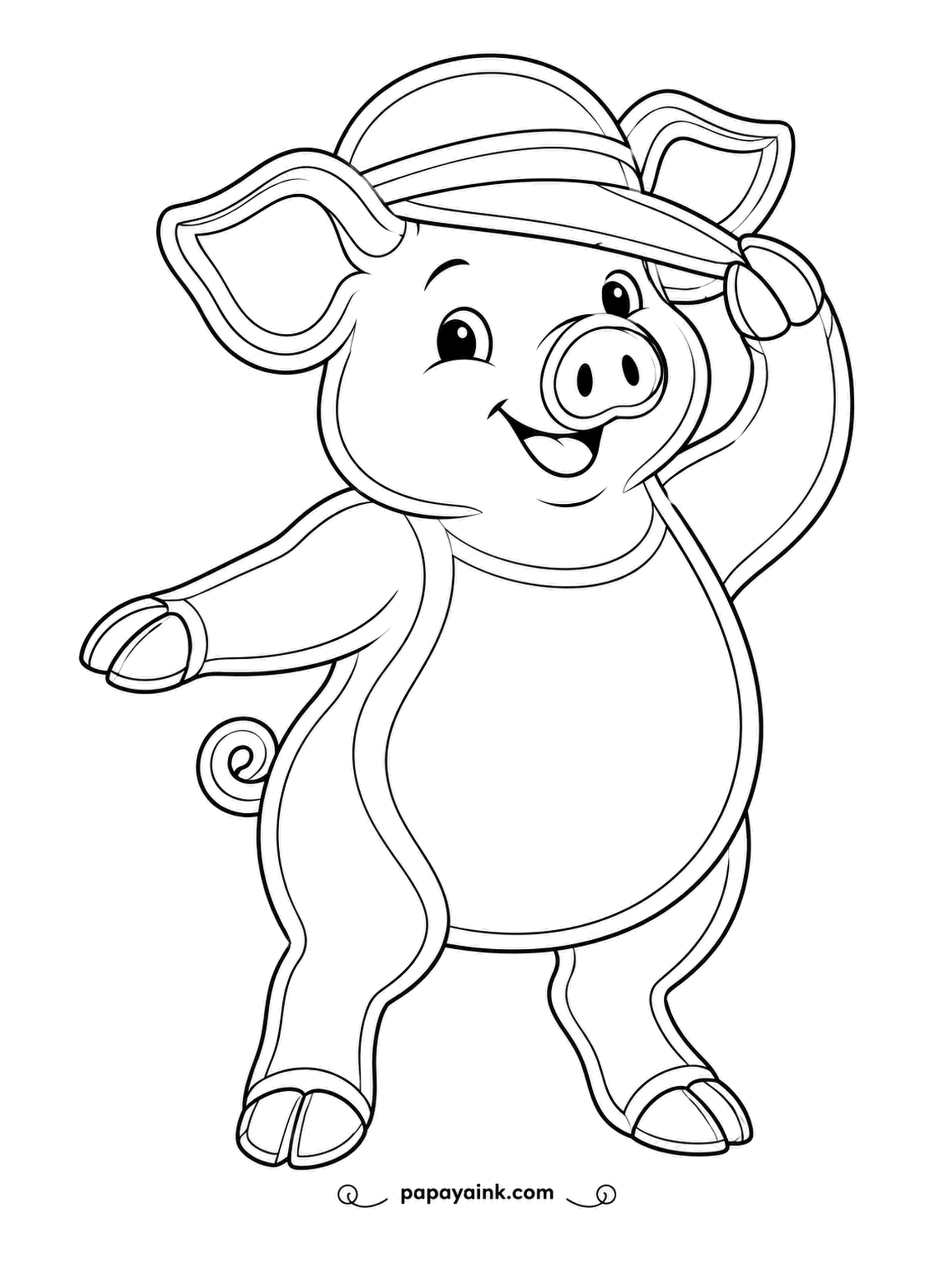 Pig Coloring Pages - Brand-new hat, tipped at a jaunty angle, and its owner striking a pose as if a photographer just shouted cheese. Double outlines throughout - pick a bright band for the brim.